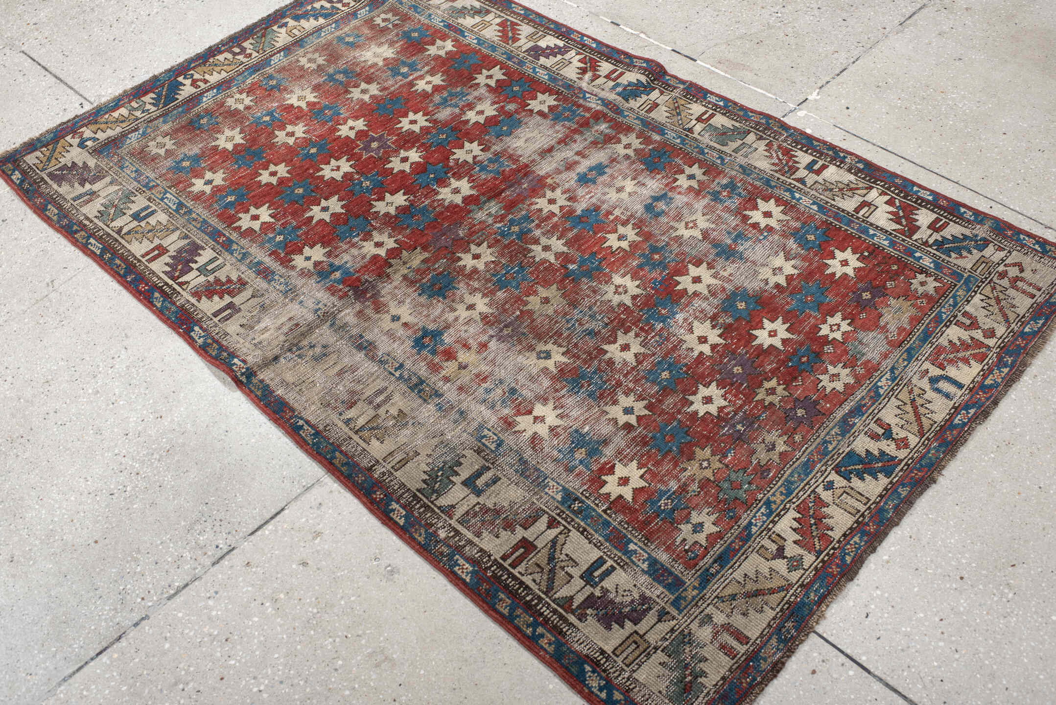 3' x 5' one-of-a-kind handmade vintage Shirvan small size rug. Color palette: rust, ivory, blue, cream, burgundy, taupe