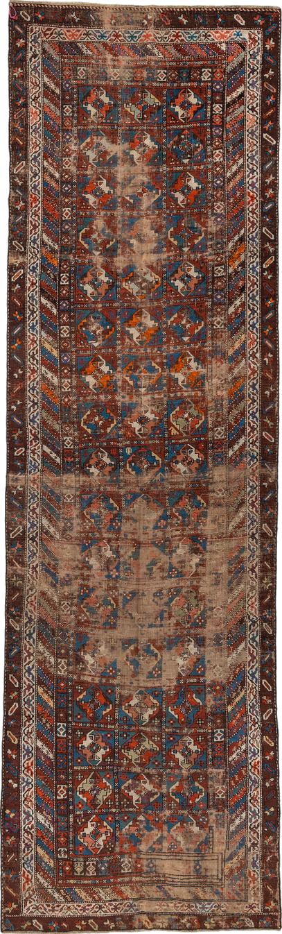 3' x 11' one-of-a-kind handmade vintage Varamin runner rug. Color palette: arapawa, blue, brown, gray, pink, red