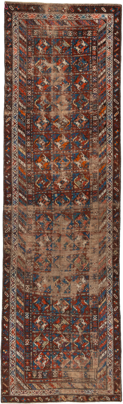 3' x 11' one-of-a-kind handmade antique Varamin runner rug. Color palette: brown, camel, indigo, rust, ivory, terra cotta