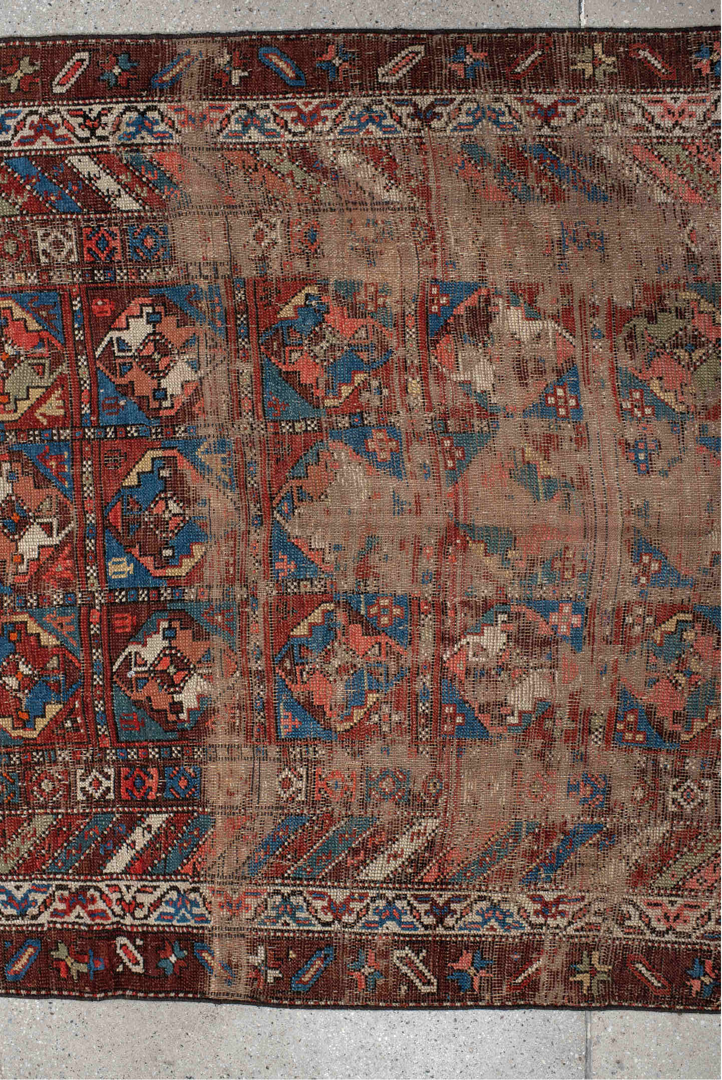 3' x 11' one-of-a-kind handmade vintage Varamin runner rug. Color palette: arapawa, blue, brown, gray, pink, red