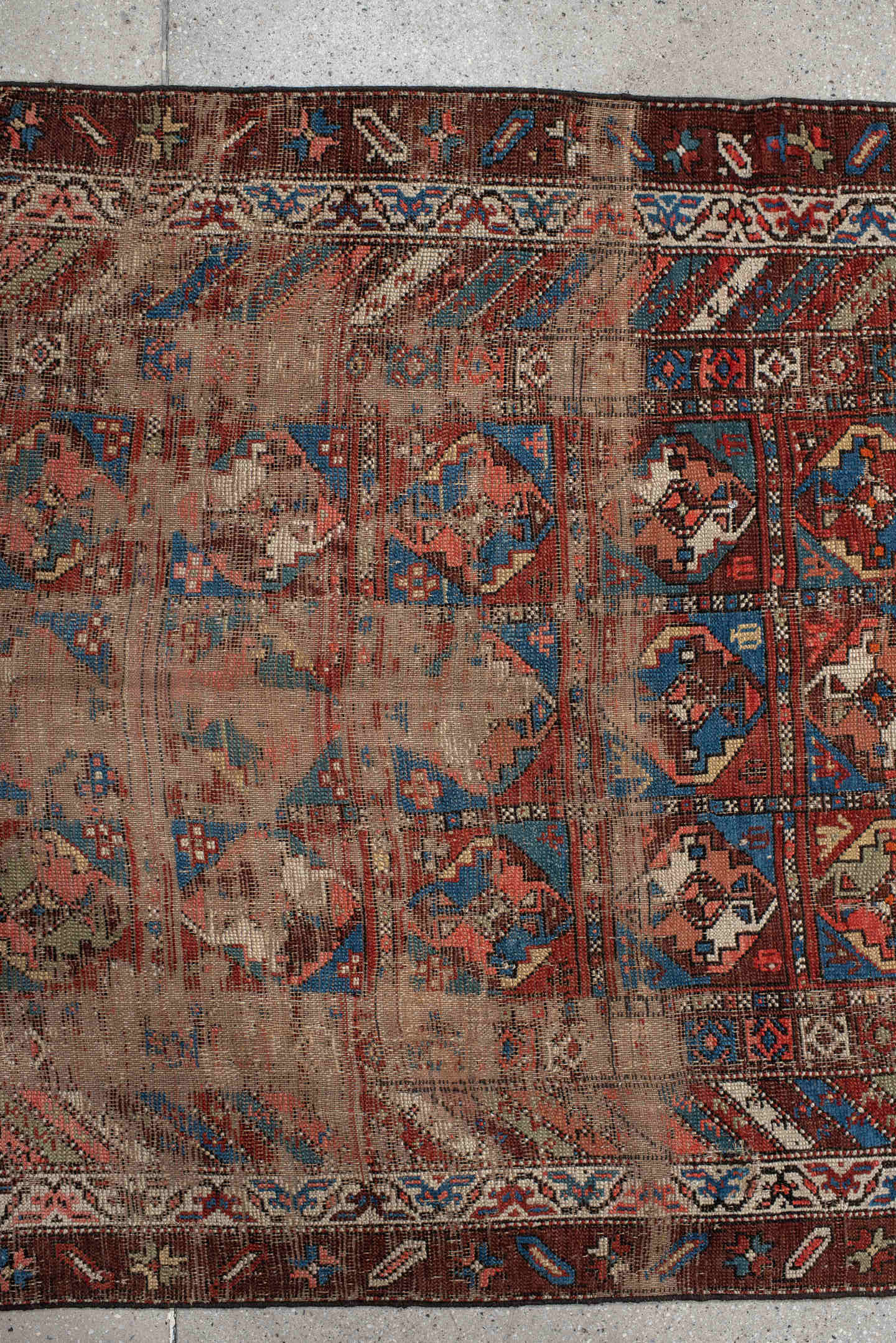 3' x 11' one-of-a-kind handmade antique Varamin runner rug. Color palette: brown, camel, indigo, rust, ivory, terra cotta