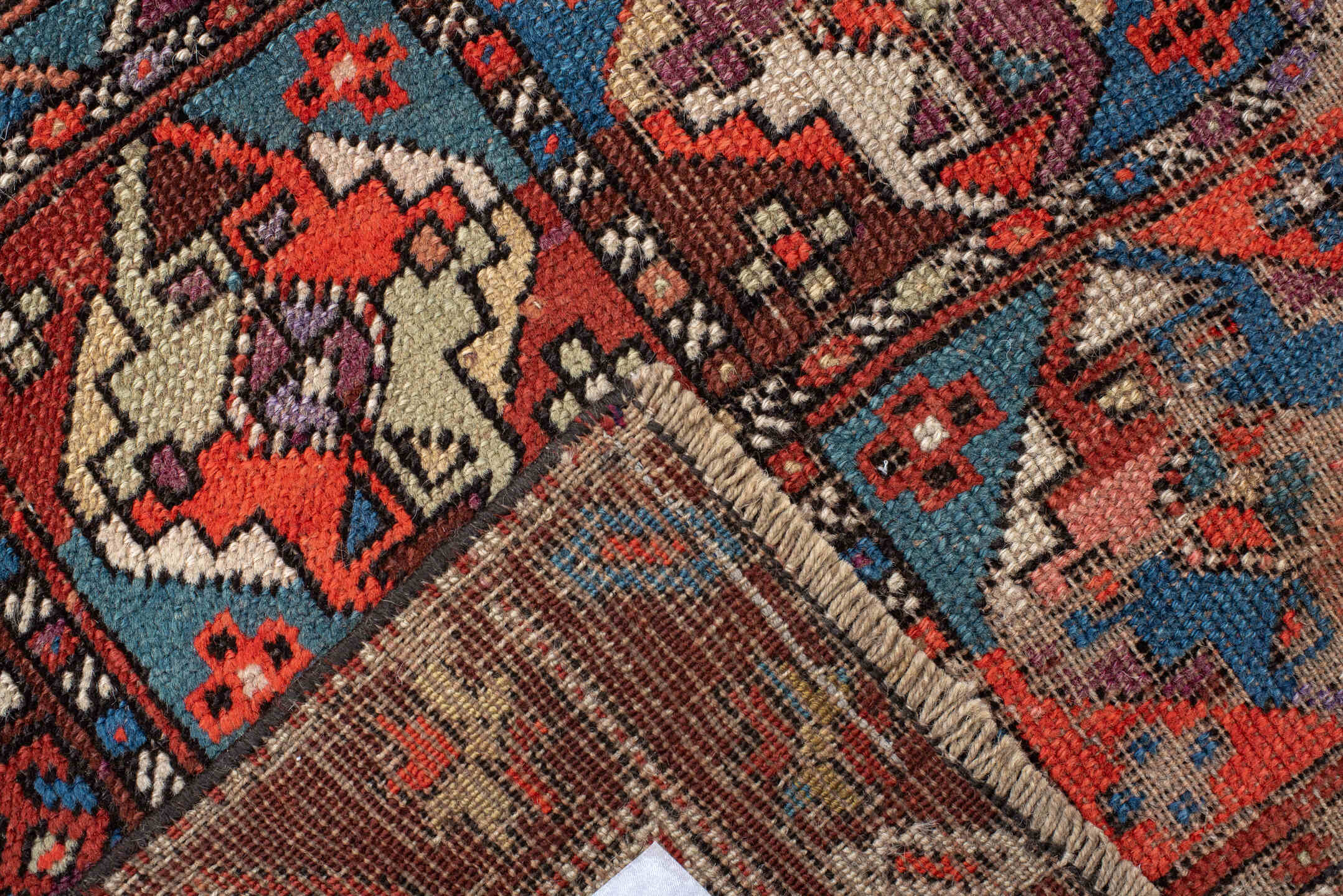 3' x 11' one-of-a-kind handmade vintage Varamin runner rug. Color palette: arapawa, blue, brown, gray, pink, red