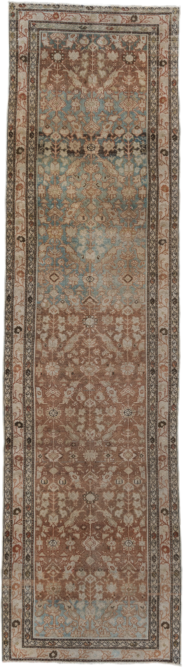 3' x 11' one-of-a-kind handmade vintage Malayer runner rug. Color palette: taupe, sky blue, ivory, rose, rust, charcoal