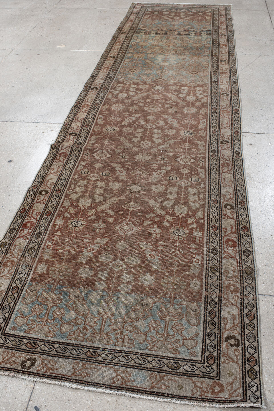 3' x 11' one-of-a-kind handmade vintage Malayer runner rug. Color palette: taupe, sky blue, ivory, rose, rust, charcoal