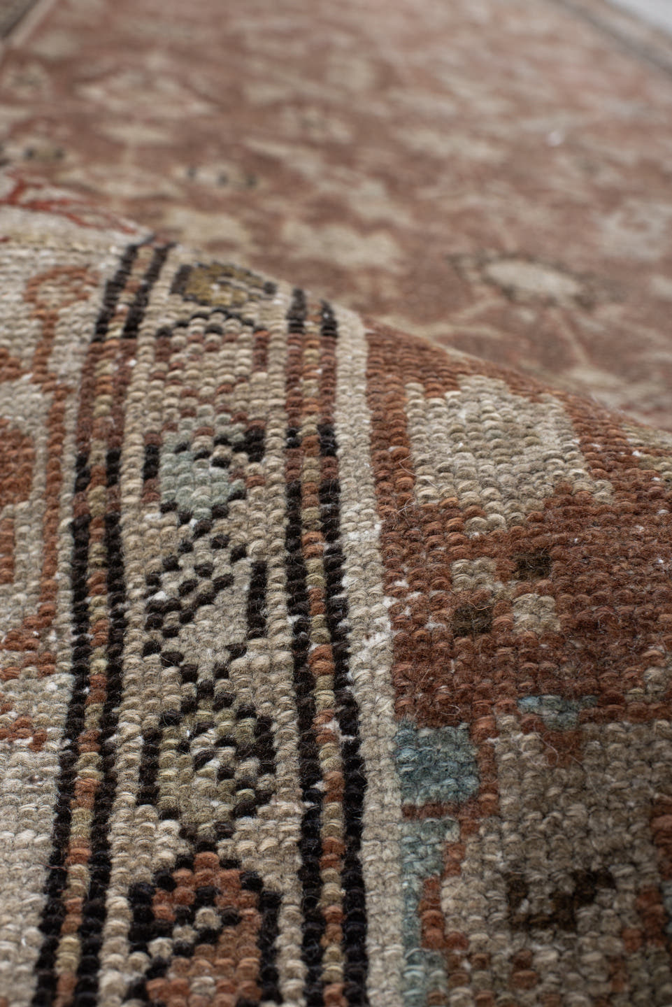 3' x 11' one-of-a-kind handmade vintage Malayer runner rug. Color palette: taupe, sky blue, ivory, rose, rust, charcoal
