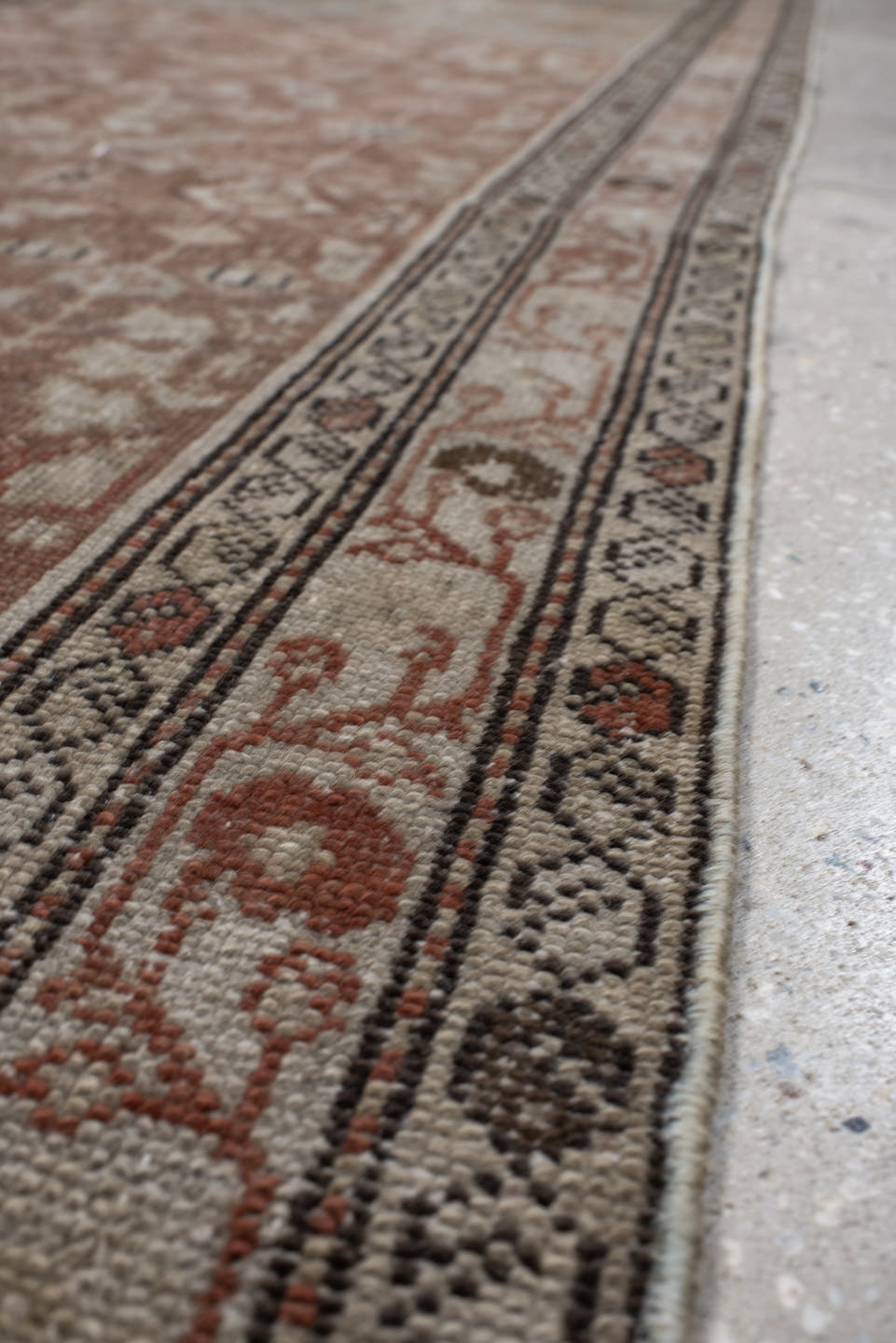 3' x 11' one-of-a-kind handmade vintage Malayer runner rug. Color palette: taupe, sky blue, ivory, rose, rust, charcoal