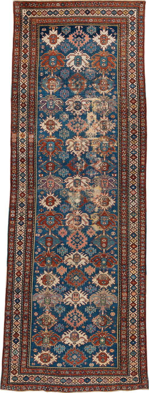 4' x 11' one-of-a-kind handmade vintage Caucasian runner rug. Color palette: arapawa, black, blue, brown, gray