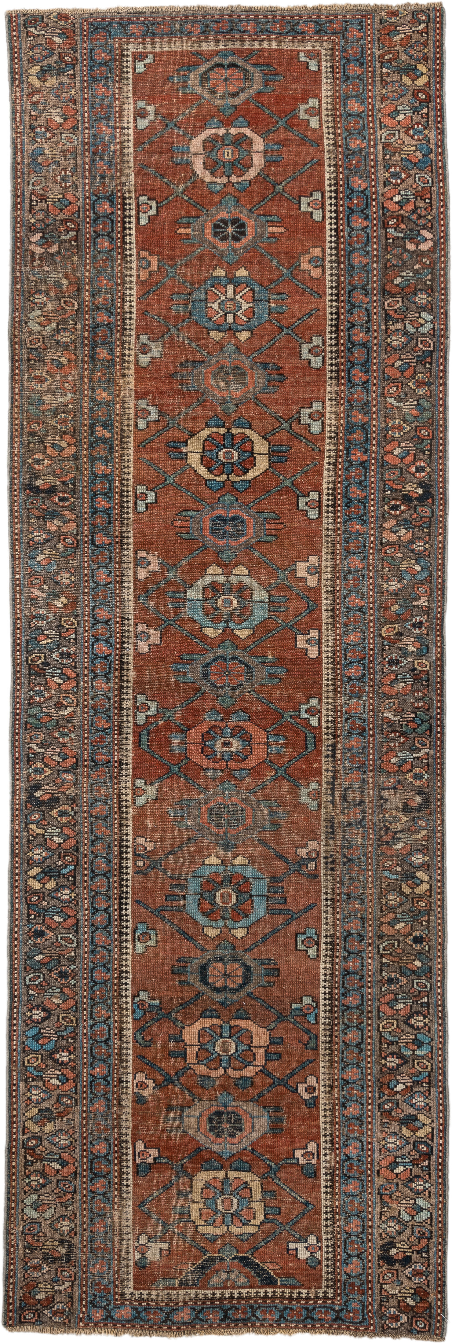 3' x 9' one-of-a-kind handmade vintage NW Persian runner rug. Color palette: rust, blue, ivory, navy, camel, taupe, charcoal