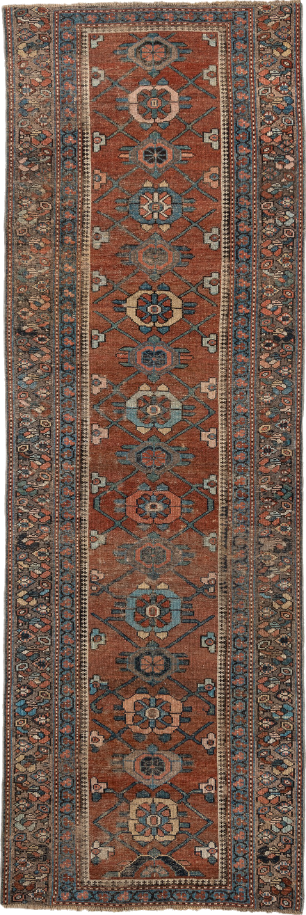 3' x 9' one-of-a-kind handmade vintage NW Persian runner rug. Color palette: black, blue, brown, charcoal, dark slate gray