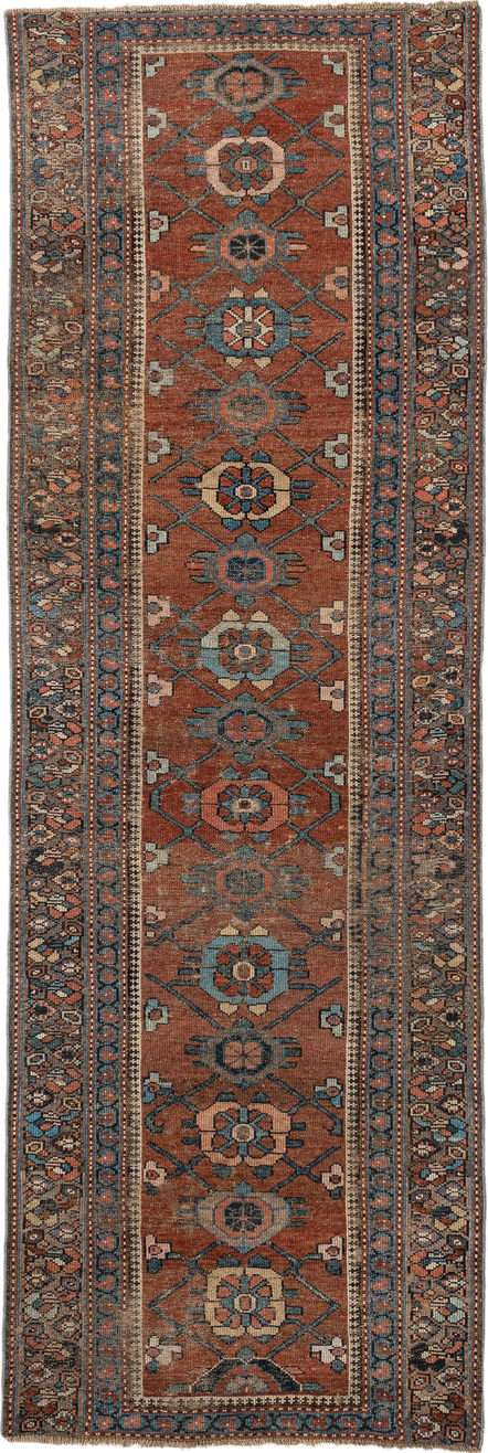 3' x 9' one-of-a-kind handmade vintage NW Persian runner rug. Color palette: black, blue, brown, charcoal, dark slate gray