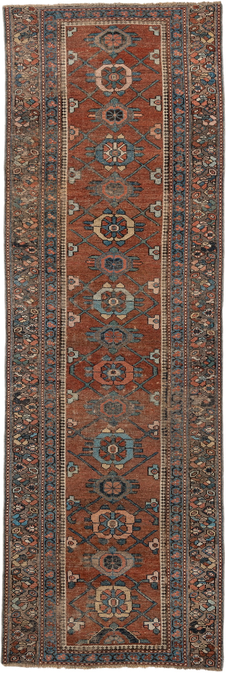 3' x 9' one-of-a-kind handmade vintage NW Persian runner rug. Color palette: rust, blue, ivory, navy, camel, taupe, charcoal
