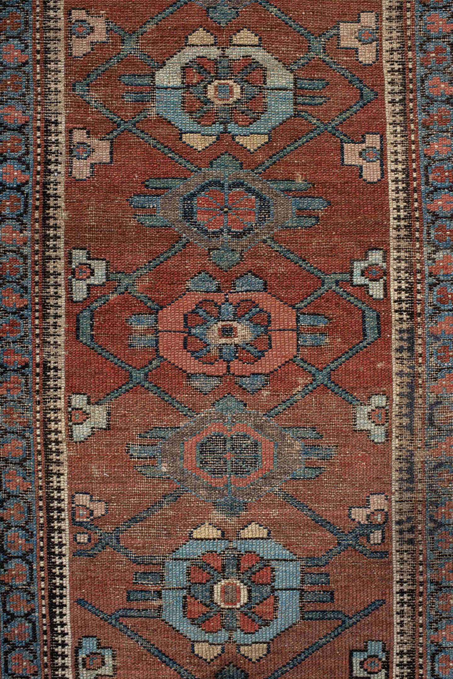 3' x 9' one-of-a-kind handmade vintage NW Persian runner rug. Color palette: rust, blue, ivory, navy, camel, taupe, charcoal