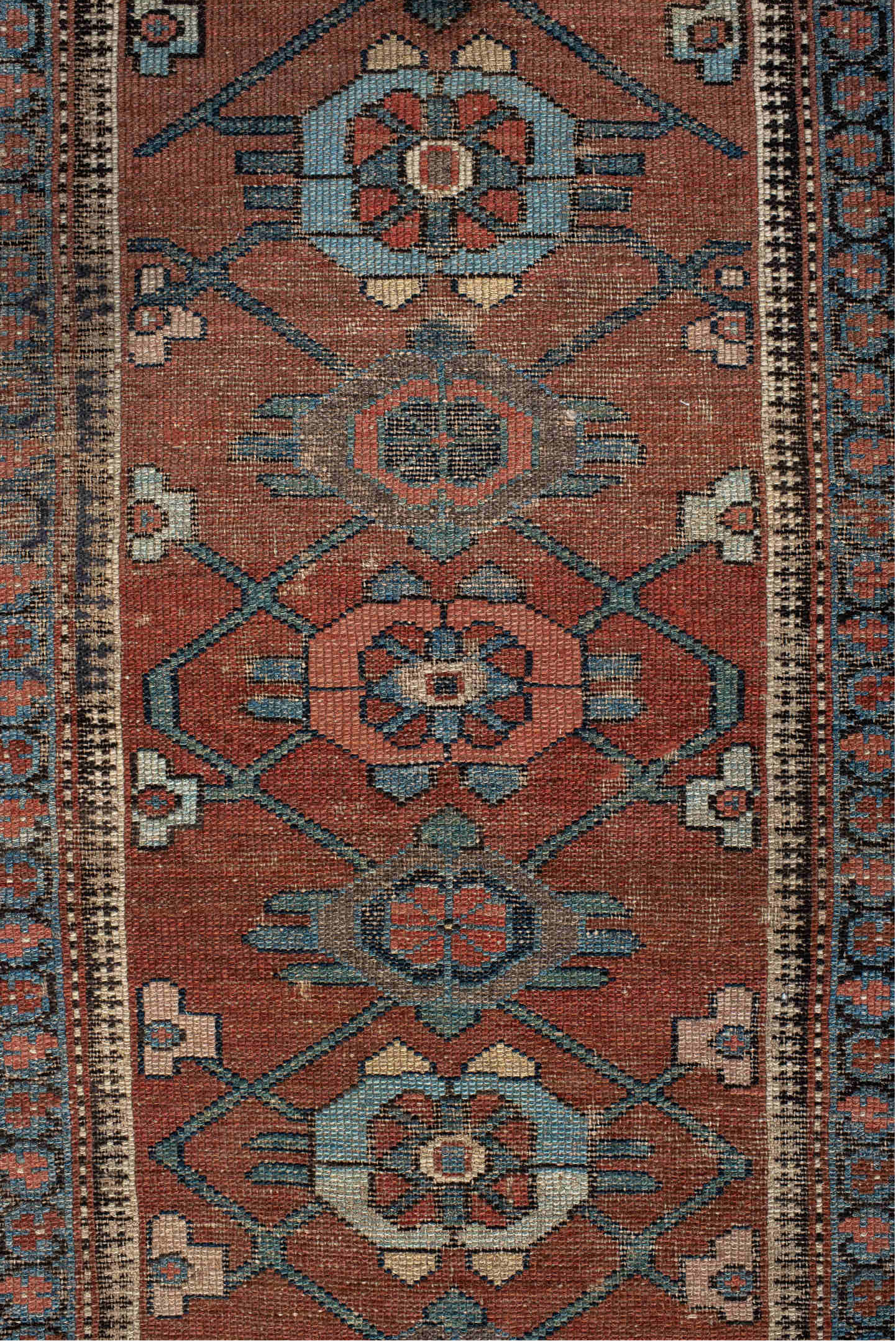 3' x 9' one-of-a-kind handmade vintage NW Persian runner rug. Color palette: black, blue, brown, charcoal, dark slate gray