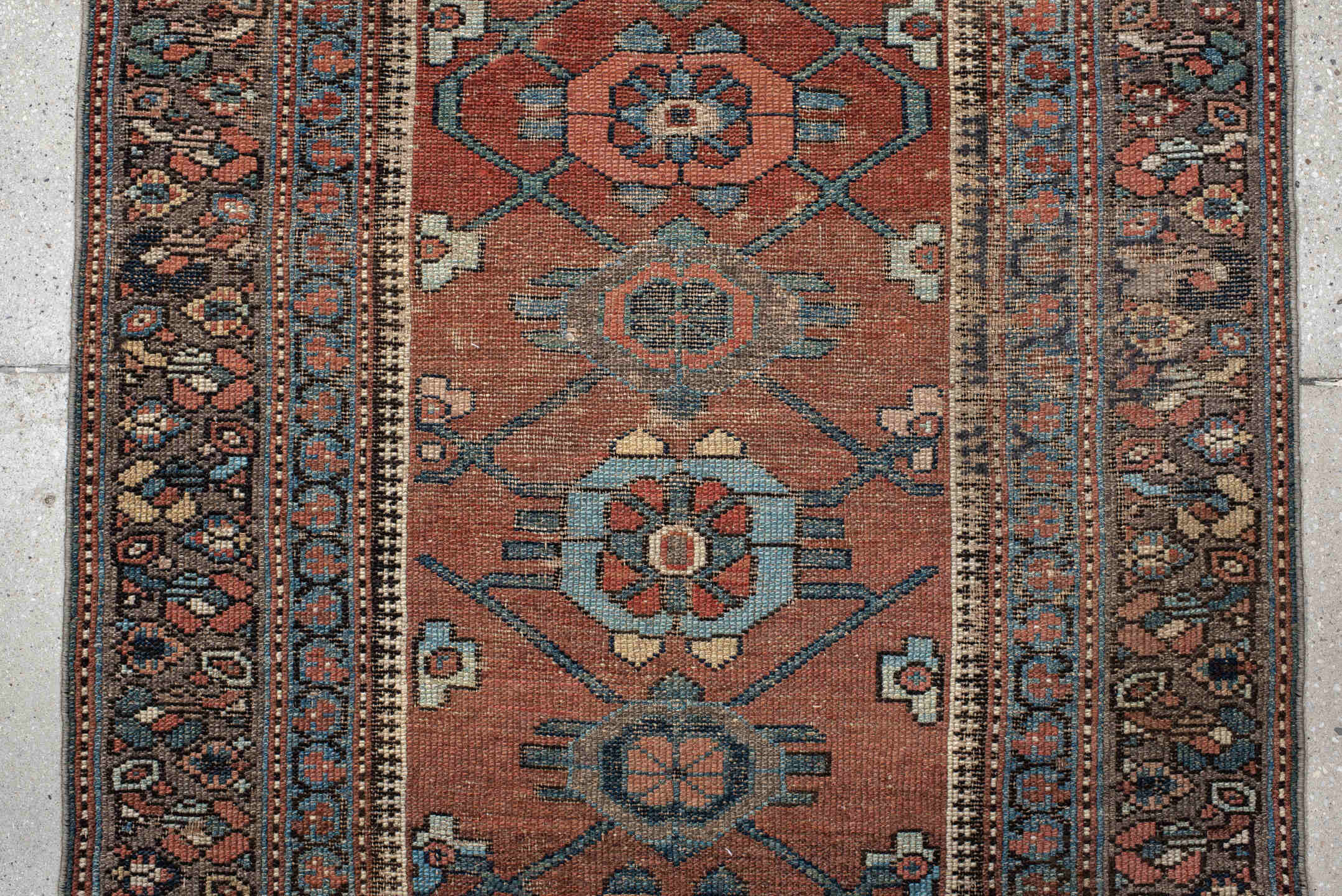 3' x 9' one-of-a-kind handmade vintage NW Persian runner rug. Color palette: rust, blue, ivory, navy, camel, taupe, charcoal