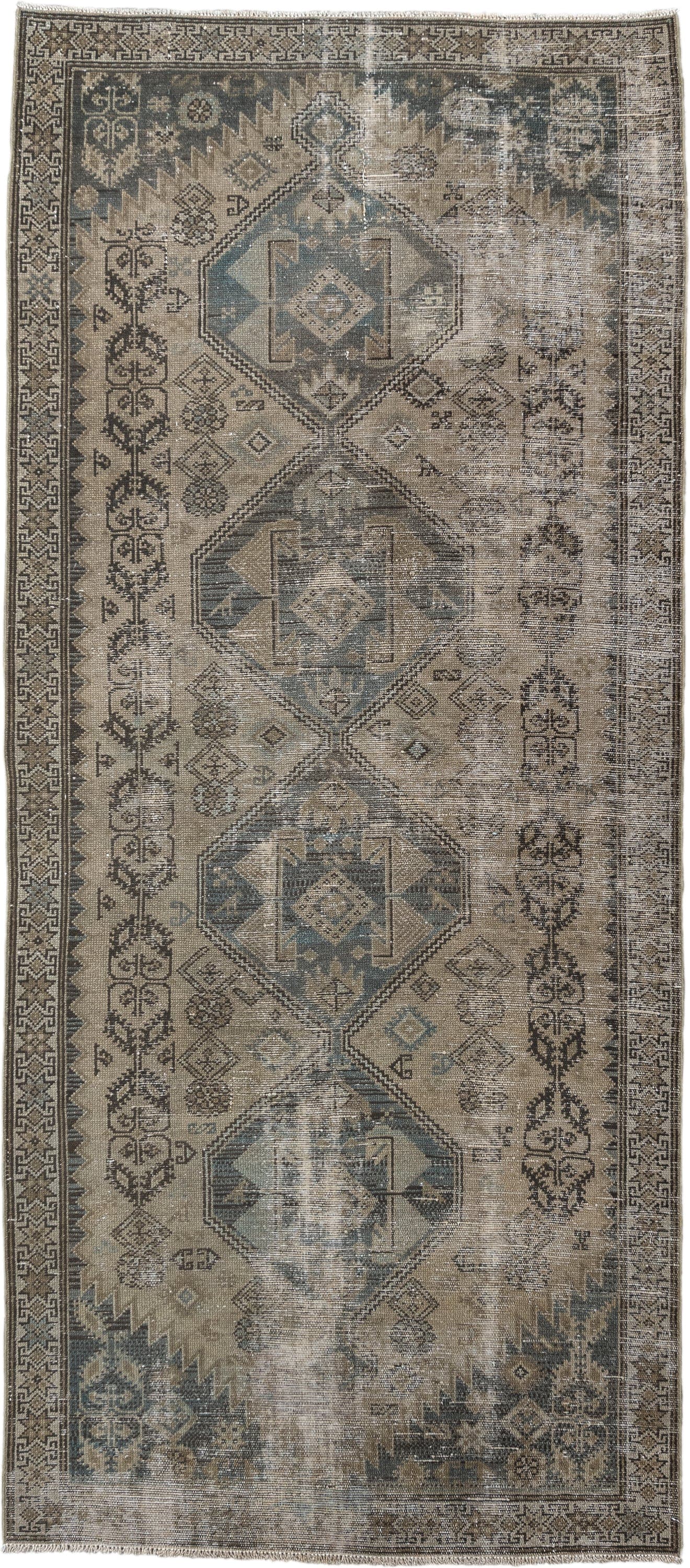 3' x 7' one-of-a-kind handmade vintage Malayer runner rug. Color palette: taupe, ivory, charcoal, slate, beige, camel, gray