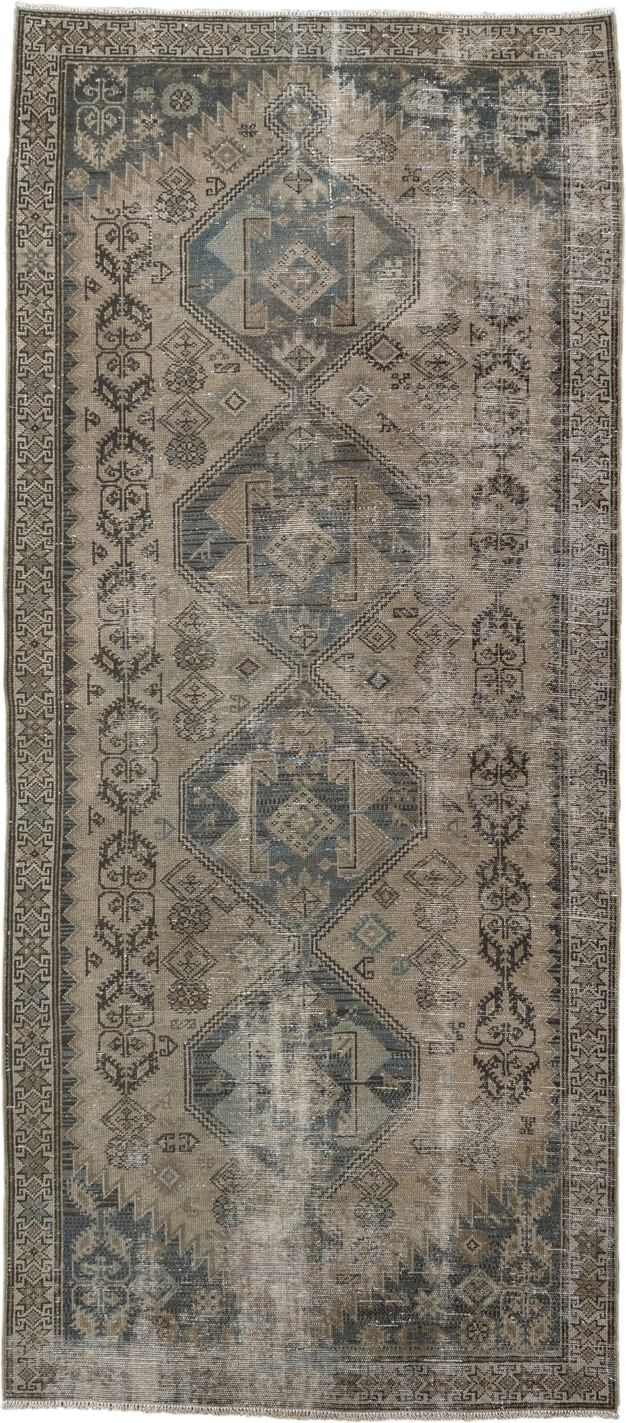 3' x 7' one-of-a-kind handmade vintage Malayer runner rug. Color palette: taupe, ivory, charcoal, slate, beige, camel, gray