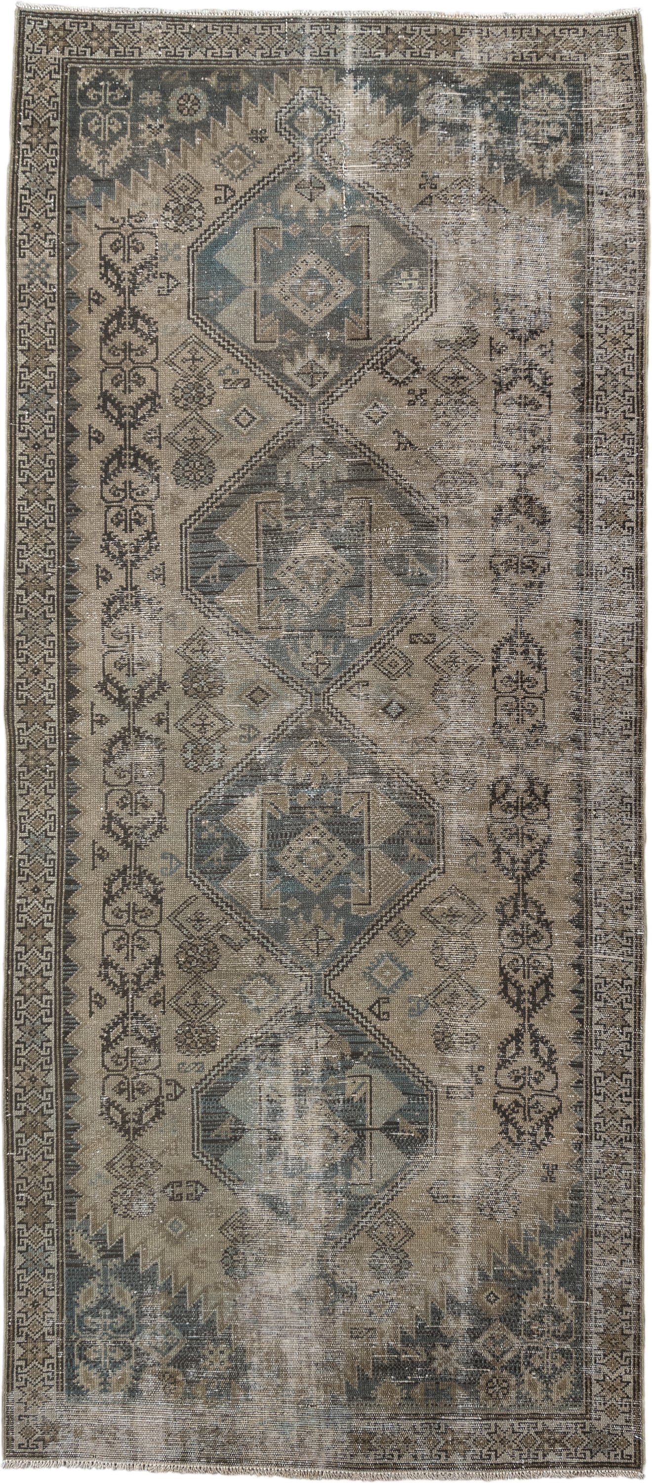 3' x 7' one-of-a-kind handmade vintage Malayer runner rug. Color palette: taupe, ivory, charcoal, slate, beige, camel, gray