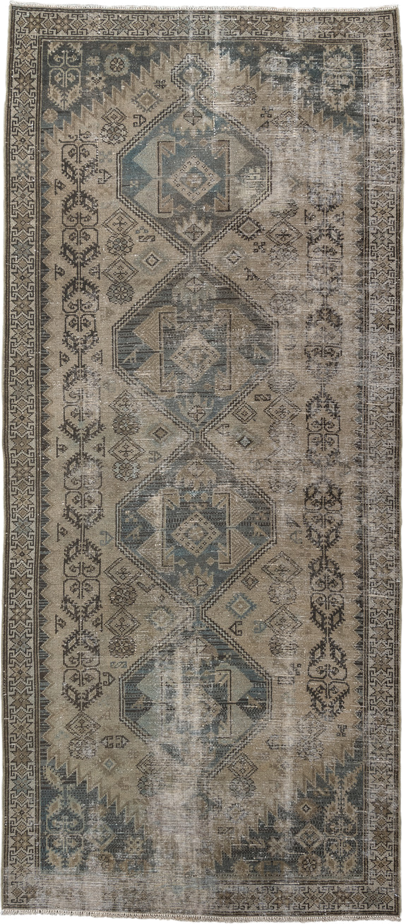 3' x 7' one-of-a-kind handmade vintage Malayer runner rug. Color palette: taupe, ivory, charcoal, slate, beige, camel, gray