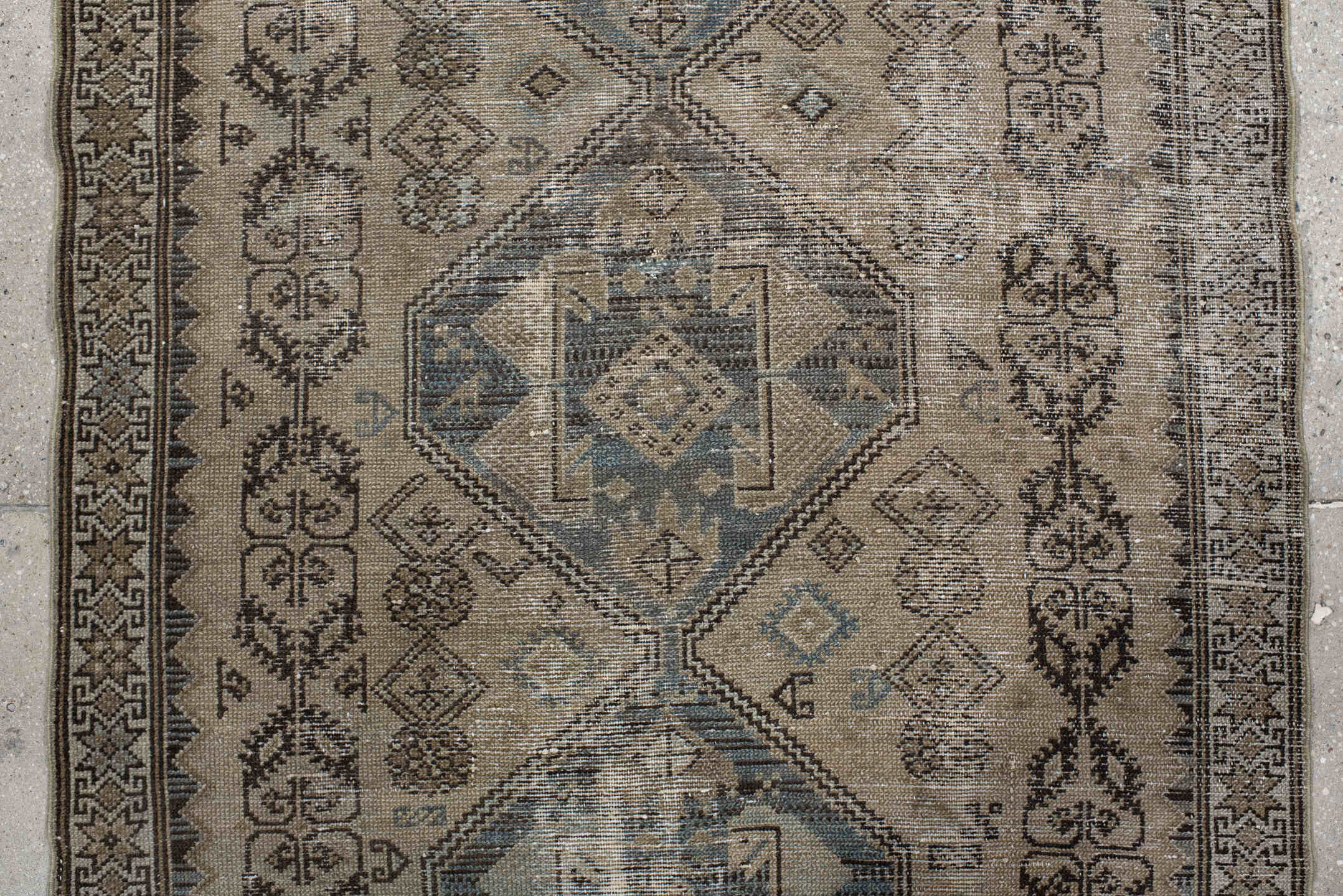 3' x 7' one-of-a-kind handmade vintage Malayer runner rug. Color palette: taupe, ivory, charcoal, slate, beige, camel, gray