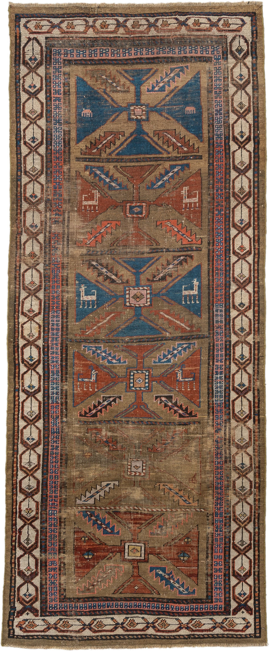 3' x 7' one-of-a-kind handmade vintage Sarab runner rug. Color palette: taupe, camel, indigo, rust, ivory, brown, terracotta