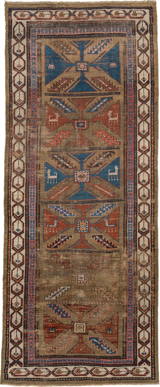 3' x 7' one-of-a-kind handmade vintage Sarab runner rug. Color palette: arapawa, black, blue, brown, charcoal, dark gray