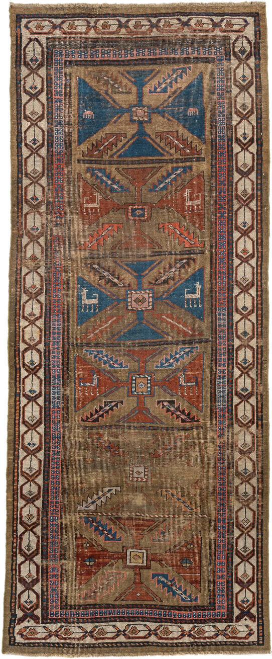 3' x 7' one-of-a-kind handmade vintage Sarab runner rug. Color palette: taupe, camel, indigo, rust, ivory, brown, terracotta