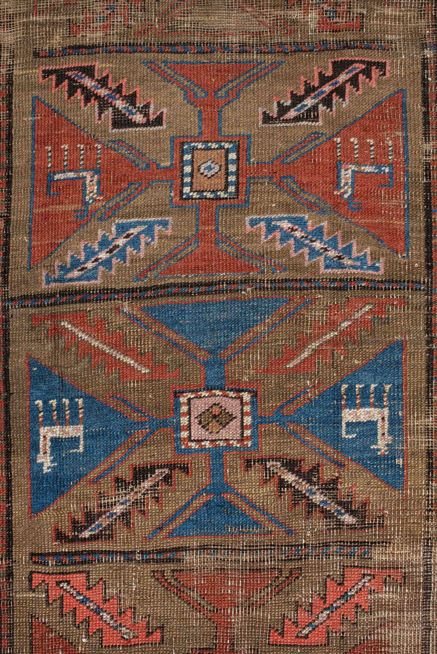 3' x 7' one-of-a-kind handmade vintage Sarab runner rug. Color palette: taupe, camel, indigo, rust, ivory, brown, terracotta