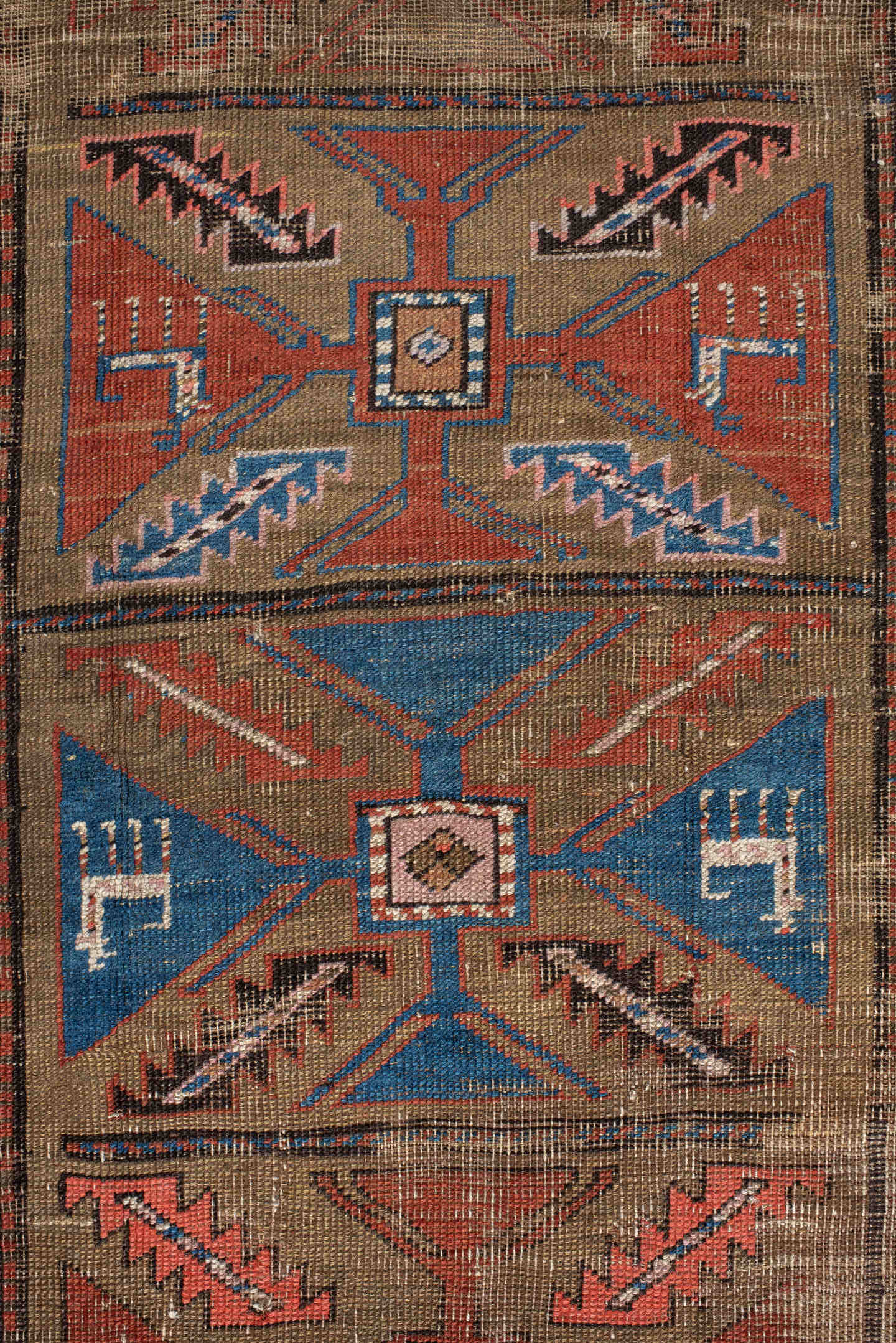 3' x 7' one-of-a-kind handmade vintage Sarab runner rug. Color palette: taupe, camel, indigo, rust, ivory, brown, terracotta