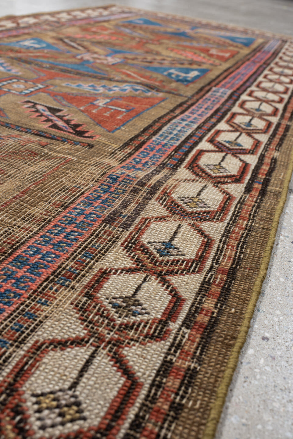 3' x 7' one-of-a-kind handmade vintage Sarab runner rug. Color palette: taupe, camel, indigo, rust, ivory, brown, terracotta