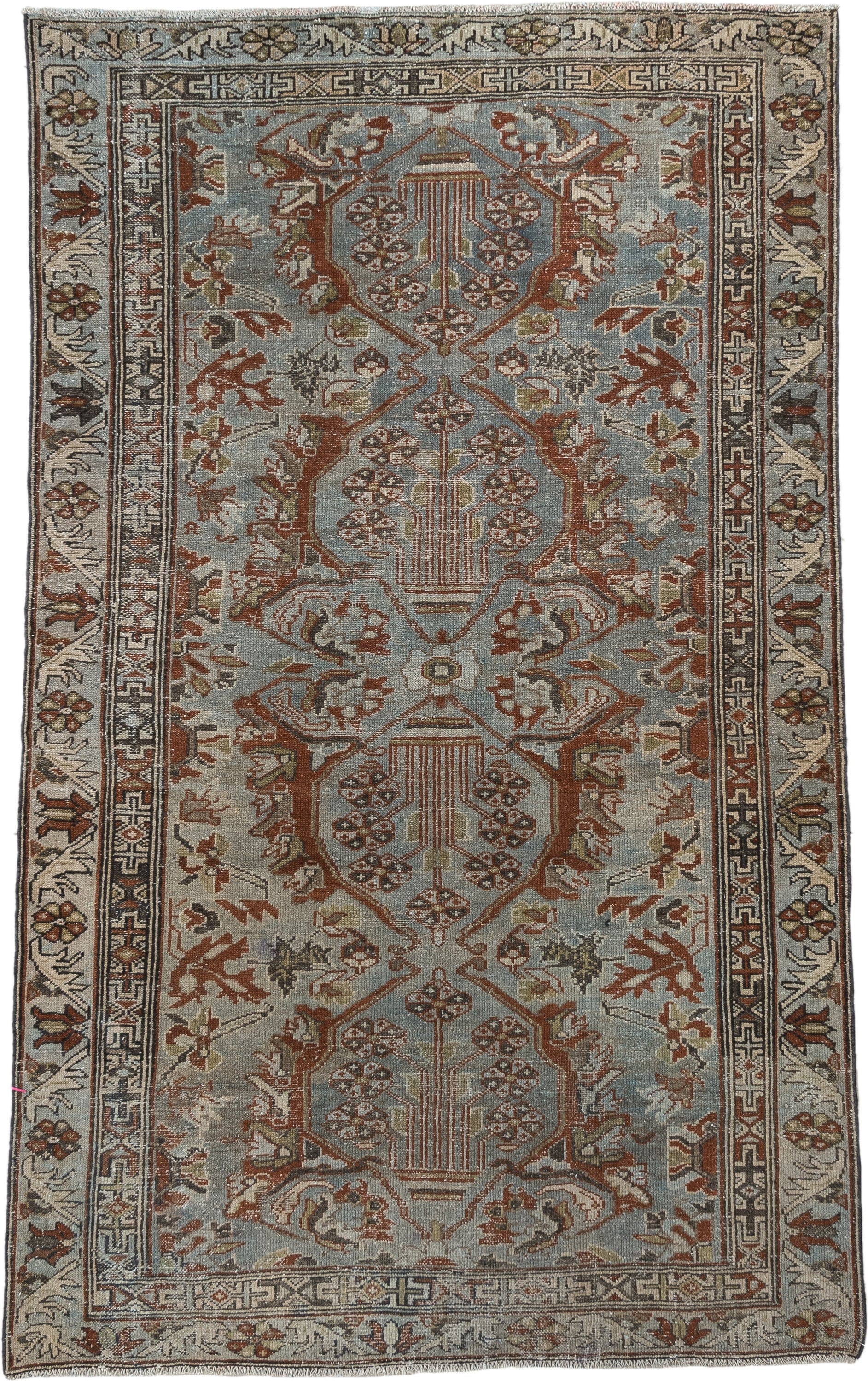3' x 6' one-of-a-kind handmade vintage  small size rug. Color palette: light blue, ivory, rust, taupe, brown, charcoal, sage