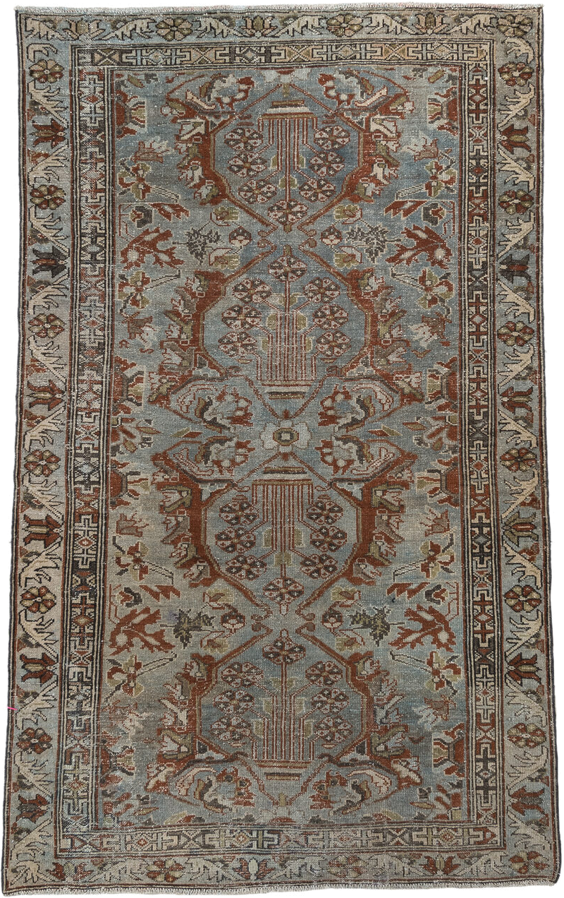 3' x 6' one-of-a-kind handmade vintage  small size rug. Color palette: light blue, ivory, rust, taupe, brown, charcoal, sage