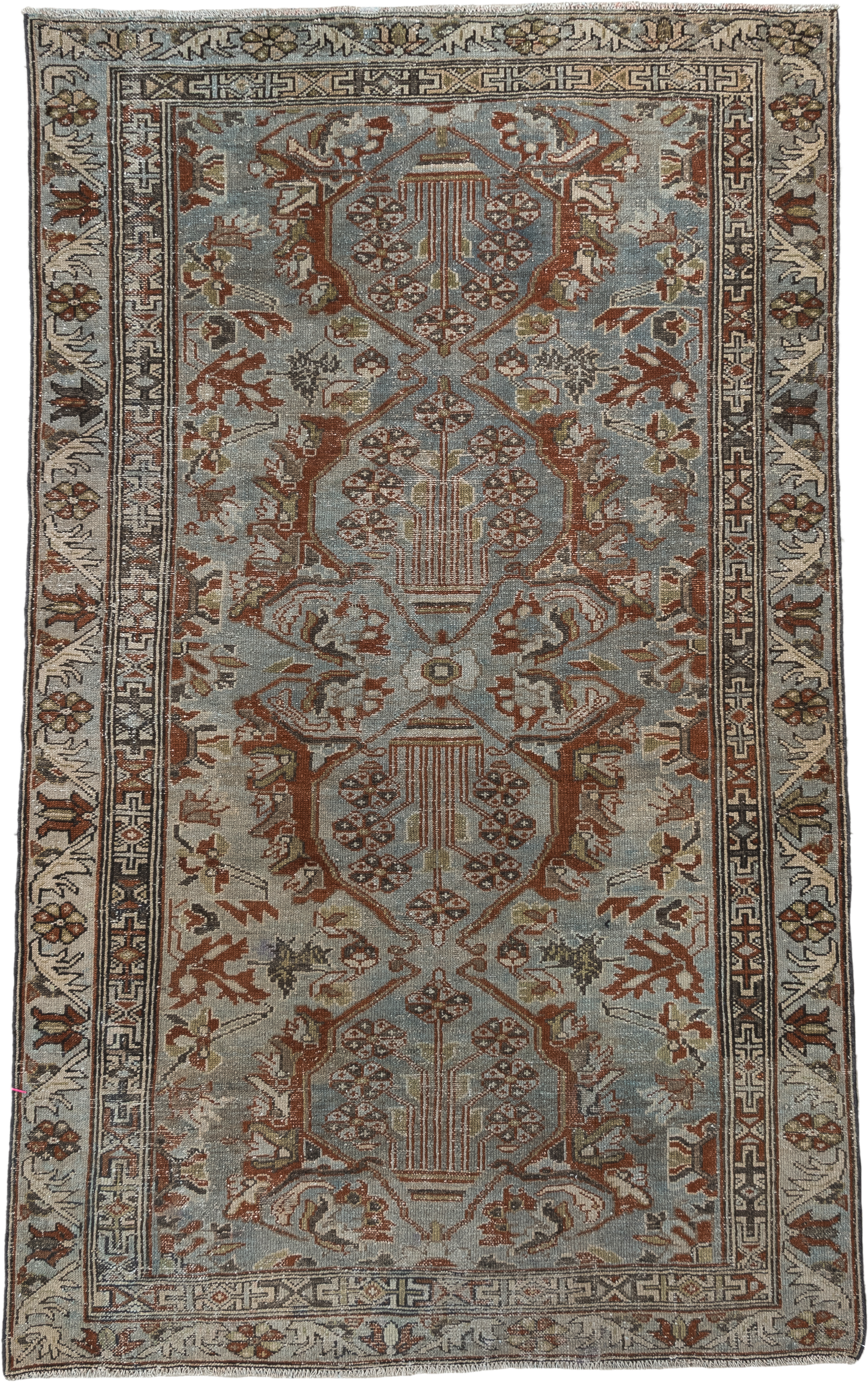3' x 6' one-of-a-kind handmade vintage  small size rug. Color palette: light blue, ivory, rust, taupe, brown, charcoal, sage