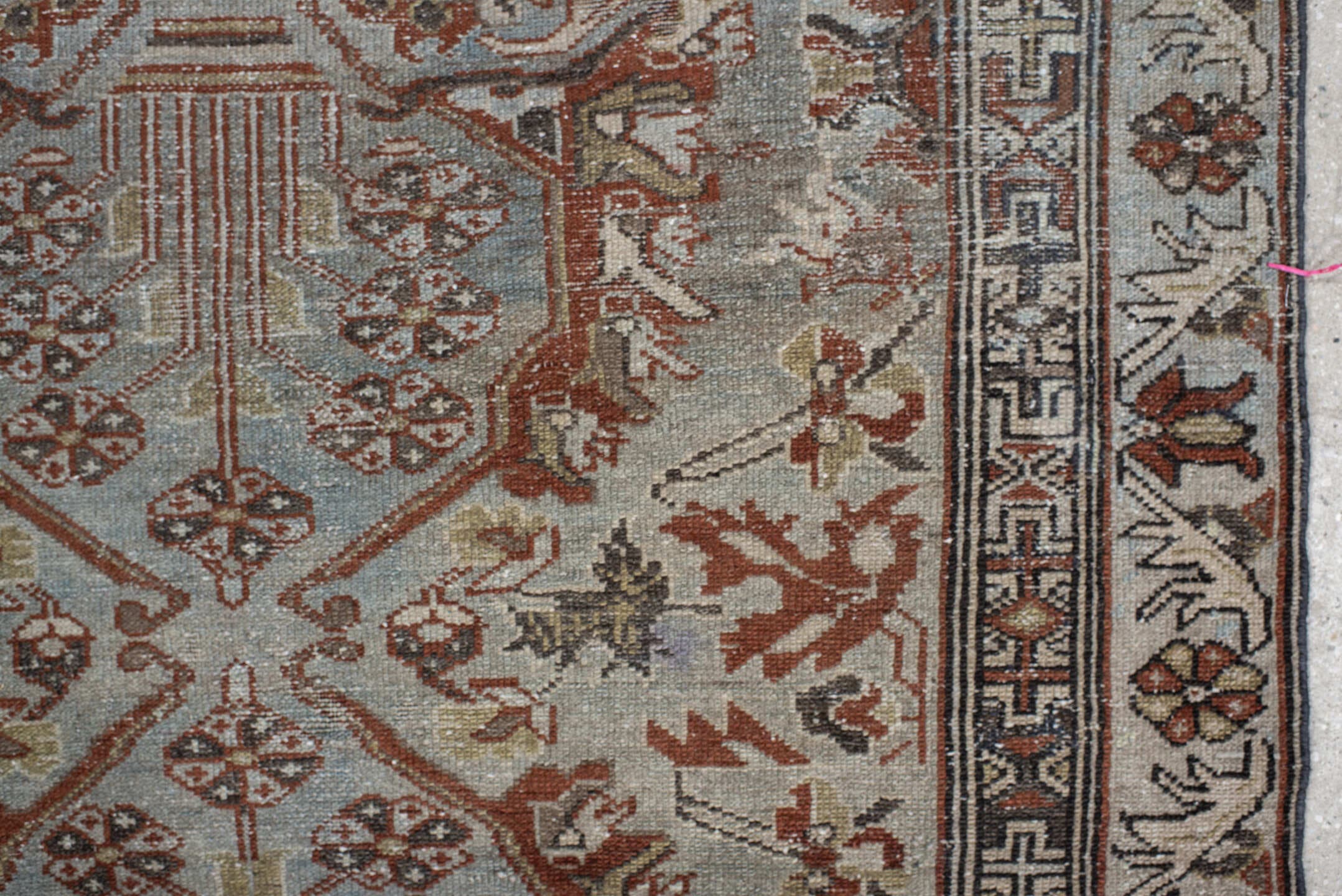 3' x 6' one-of-a-kind handmade vintage  small size rug. Color palette: light blue, ivory, rust, taupe, brown, charcoal, sage