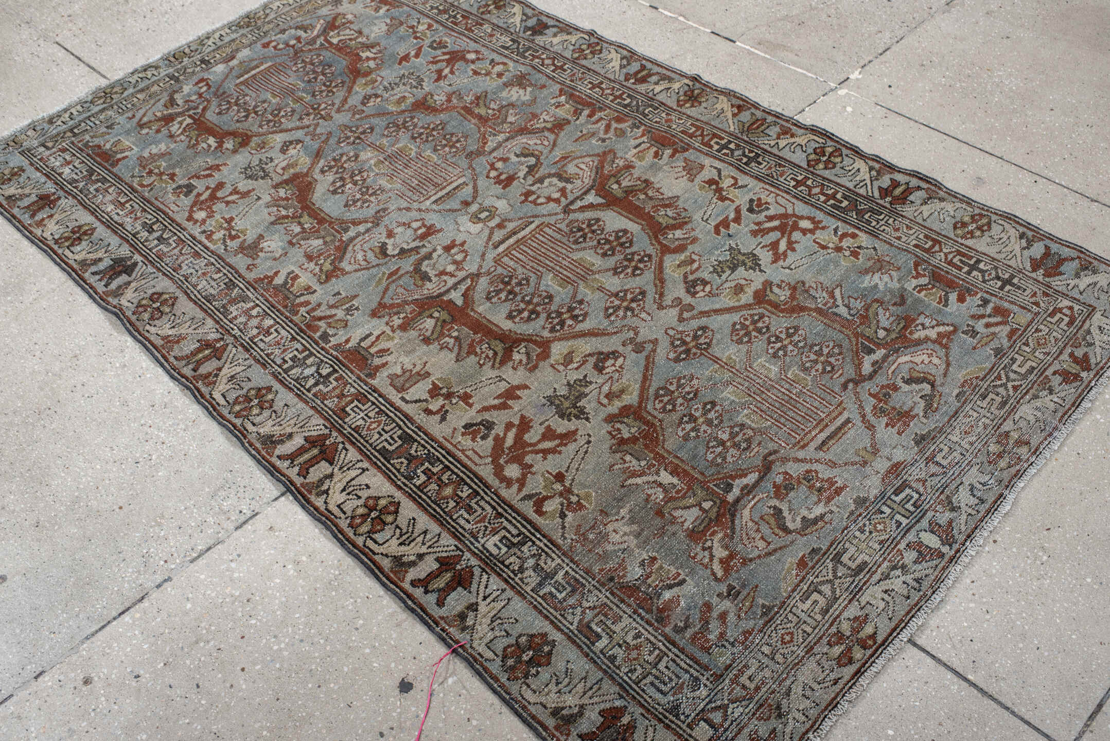 3' x 6' one-of-a-kind handmade vintage  small size rug. Color palette: light blue, ivory, rust, taupe, brown, charcoal, sage