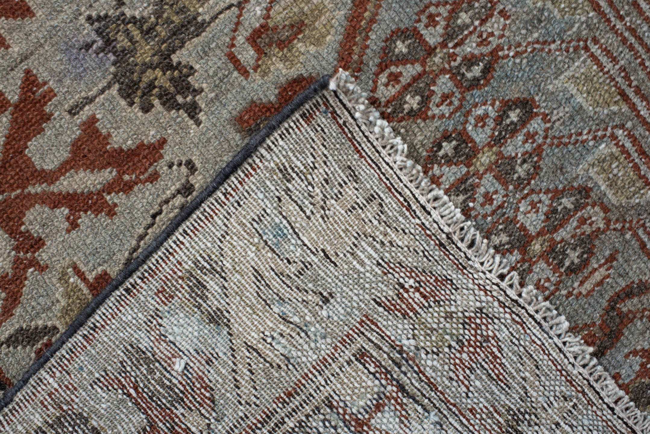 3' x 6' one-of-a-kind handmade vintage  small size rug. Color palette: light blue, ivory, rust, taupe, brown, charcoal, sage