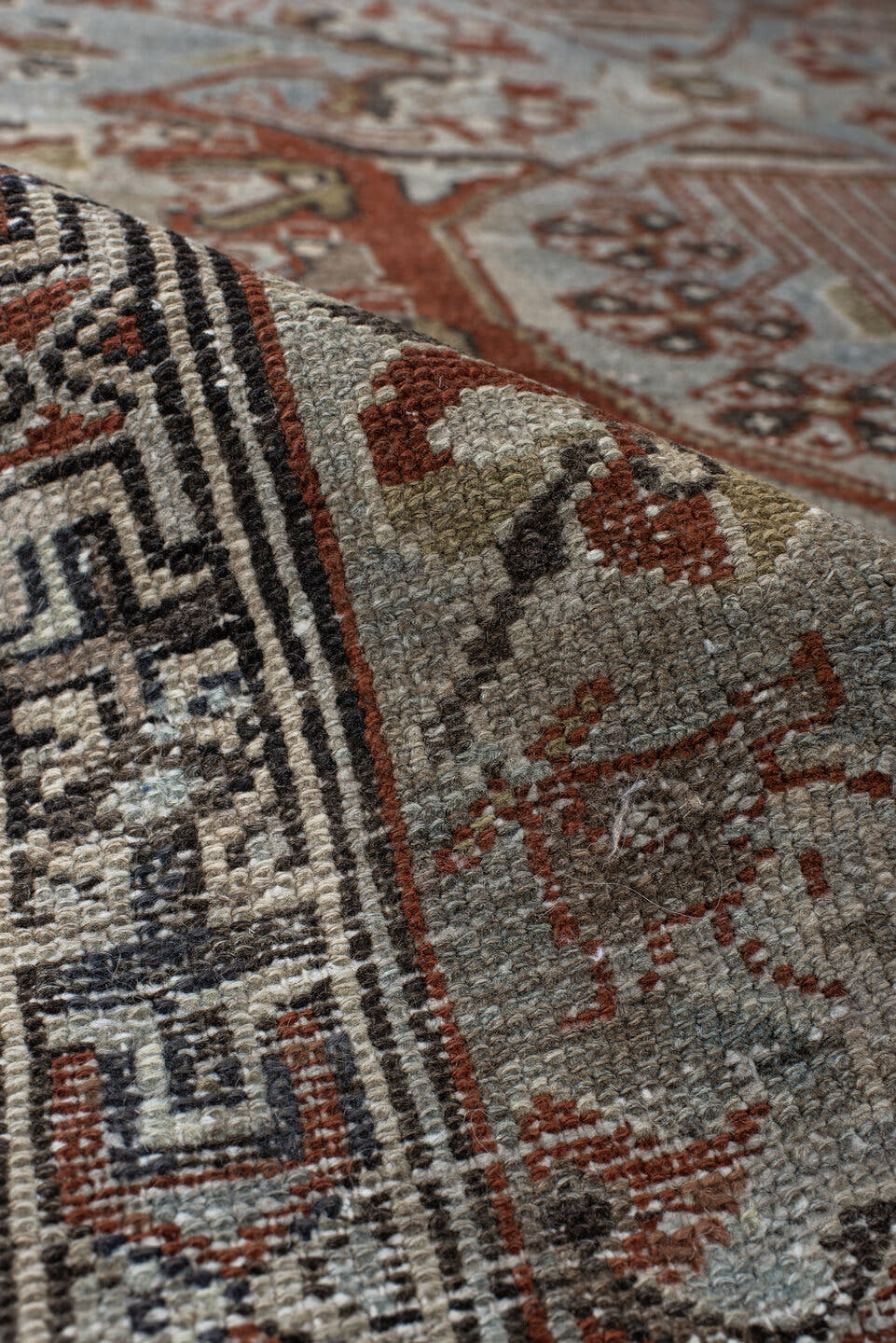 3' x 6' one-of-a-kind handmade vintage  small size rug. Color palette: light blue, ivory, rust, taupe, brown, charcoal, sage
