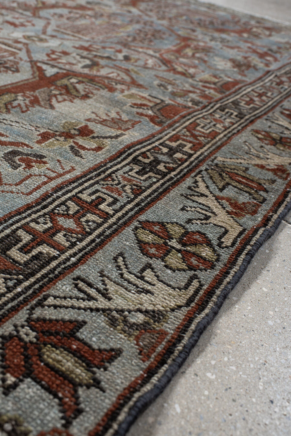3' x 6' one-of-a-kind handmade vintage  small size rug. Color palette: light blue, ivory, rust, taupe, brown, charcoal, sage