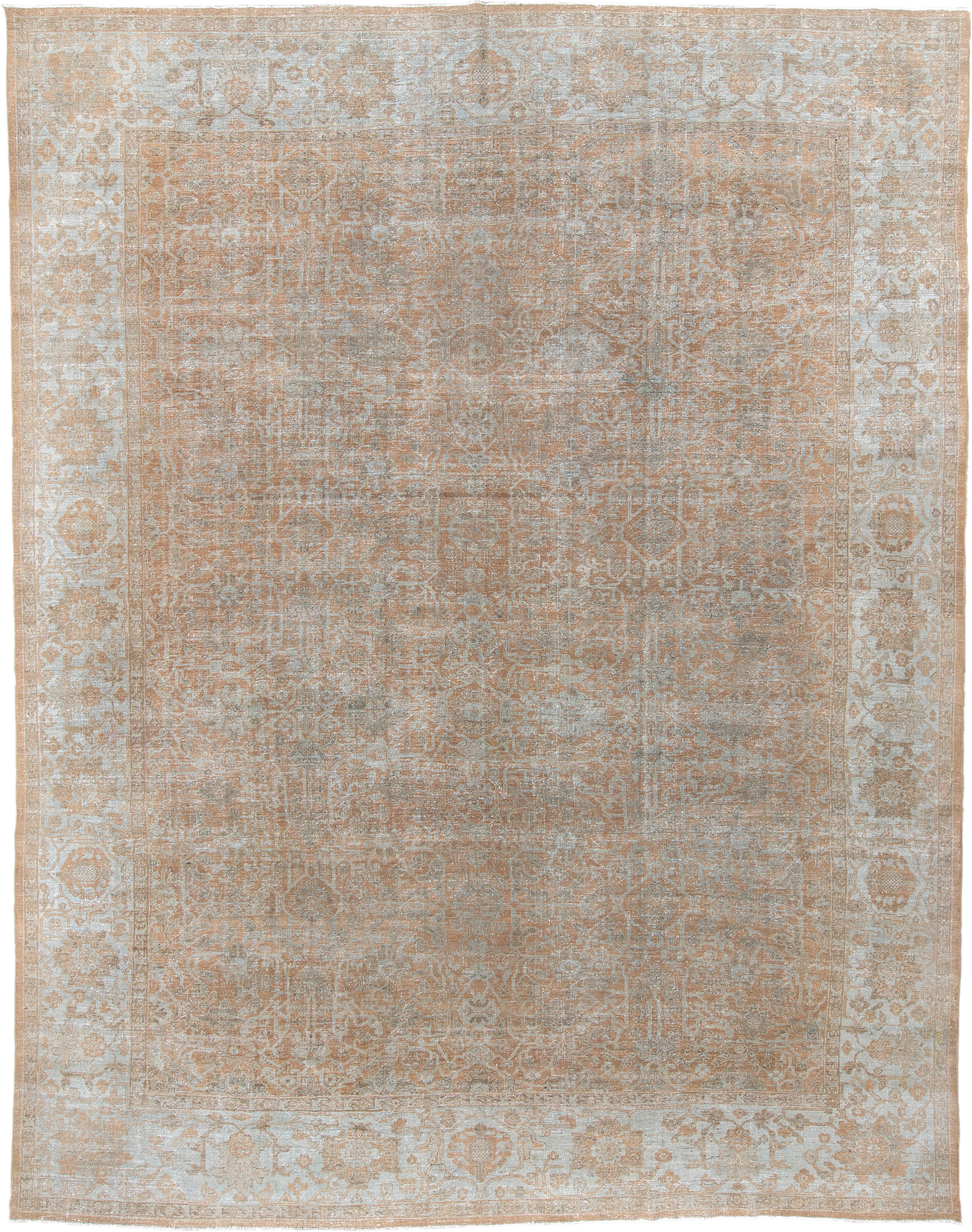 12' x 15' one-of-a-kind handmade antique Mahal oversize rug. Color palette: ivory, taupe, camel, sand, beige, light brown