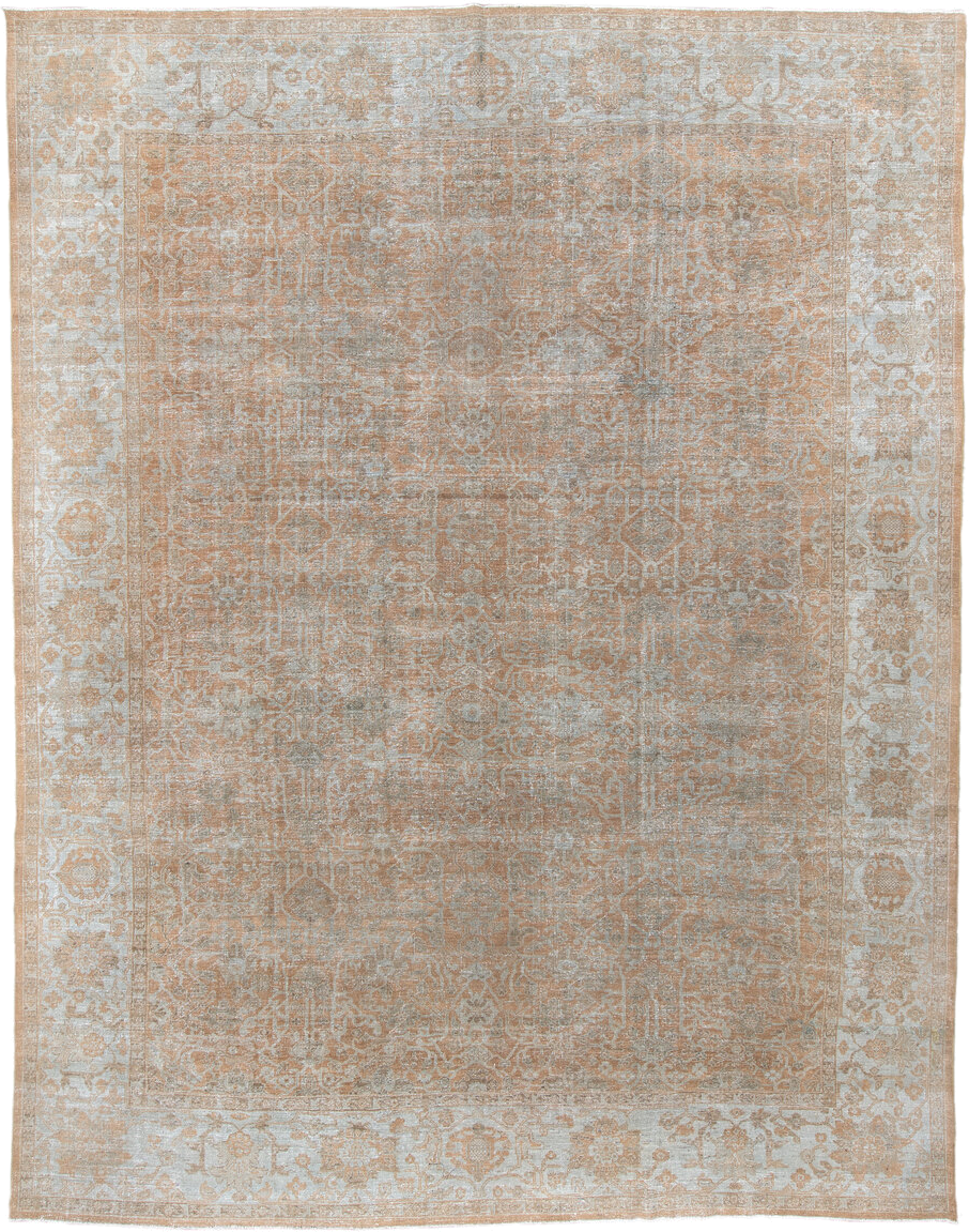 12' x 15' one-of-a-kind handmade antique Mahal oversize rug. Color palette: ivory, taupe, camel, sand, beige, light brown