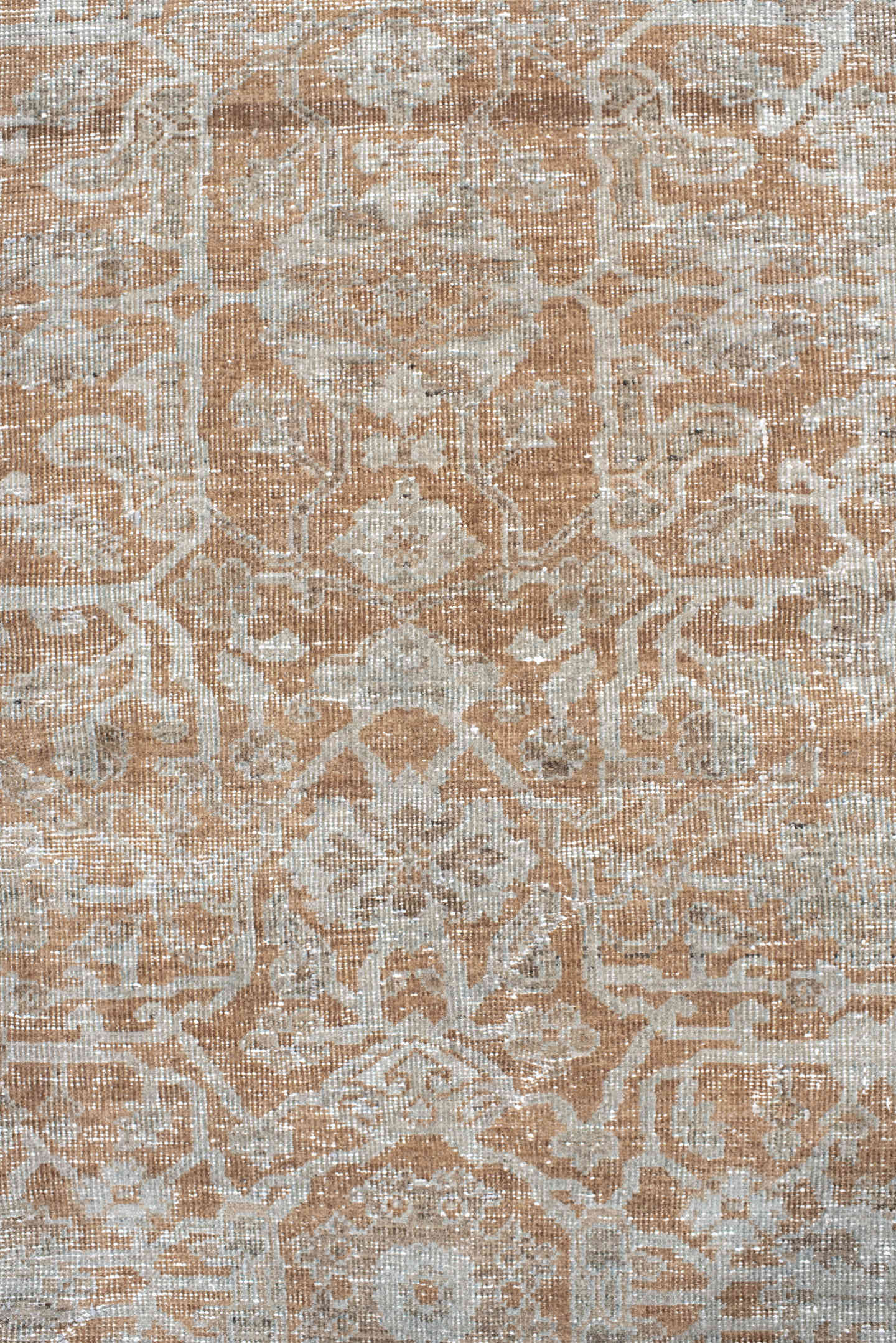 12' x 15' one-of-a-kind handmade antique Mahal oversize rug. Color palette: ivory, taupe, camel, sand, beige, light brown