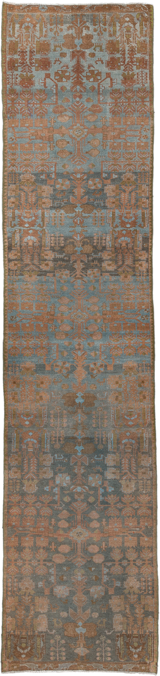 3' x 16' one-of-a-kind handmade antique Malayer runner rug. Color palette: blue, terra cotta, taupe, brown, camel, ivory