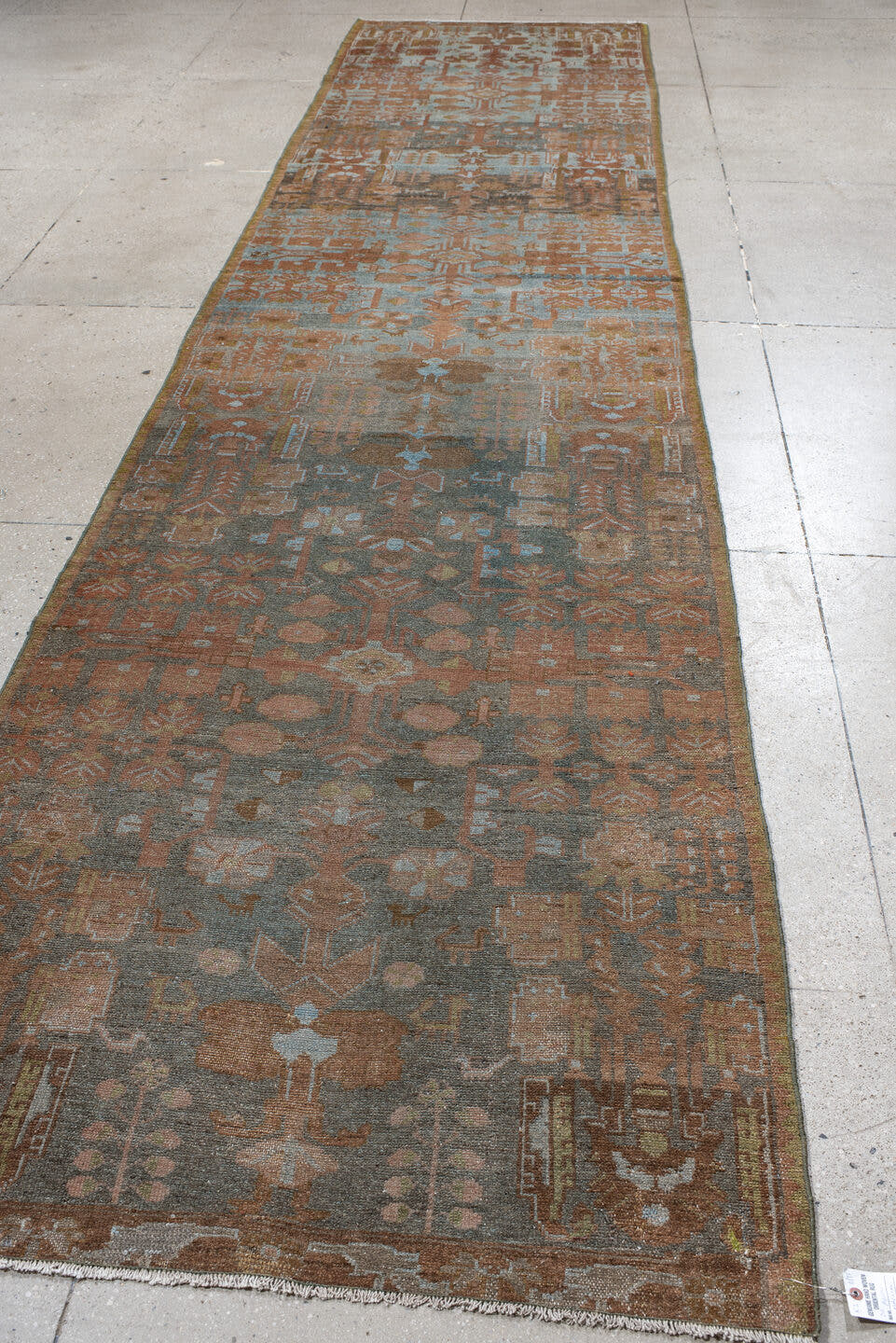 3' x 16' one-of-a-kind handmade antique Malayer runner rug. Color palette: blue, terra cotta, taupe, brown, camel, ivory