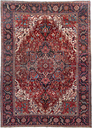 9' x 13' one-of-a-kind handmade antique Heriz large size rug. Color palette: rust, navy, ivory, sky_blue, crimson, camel