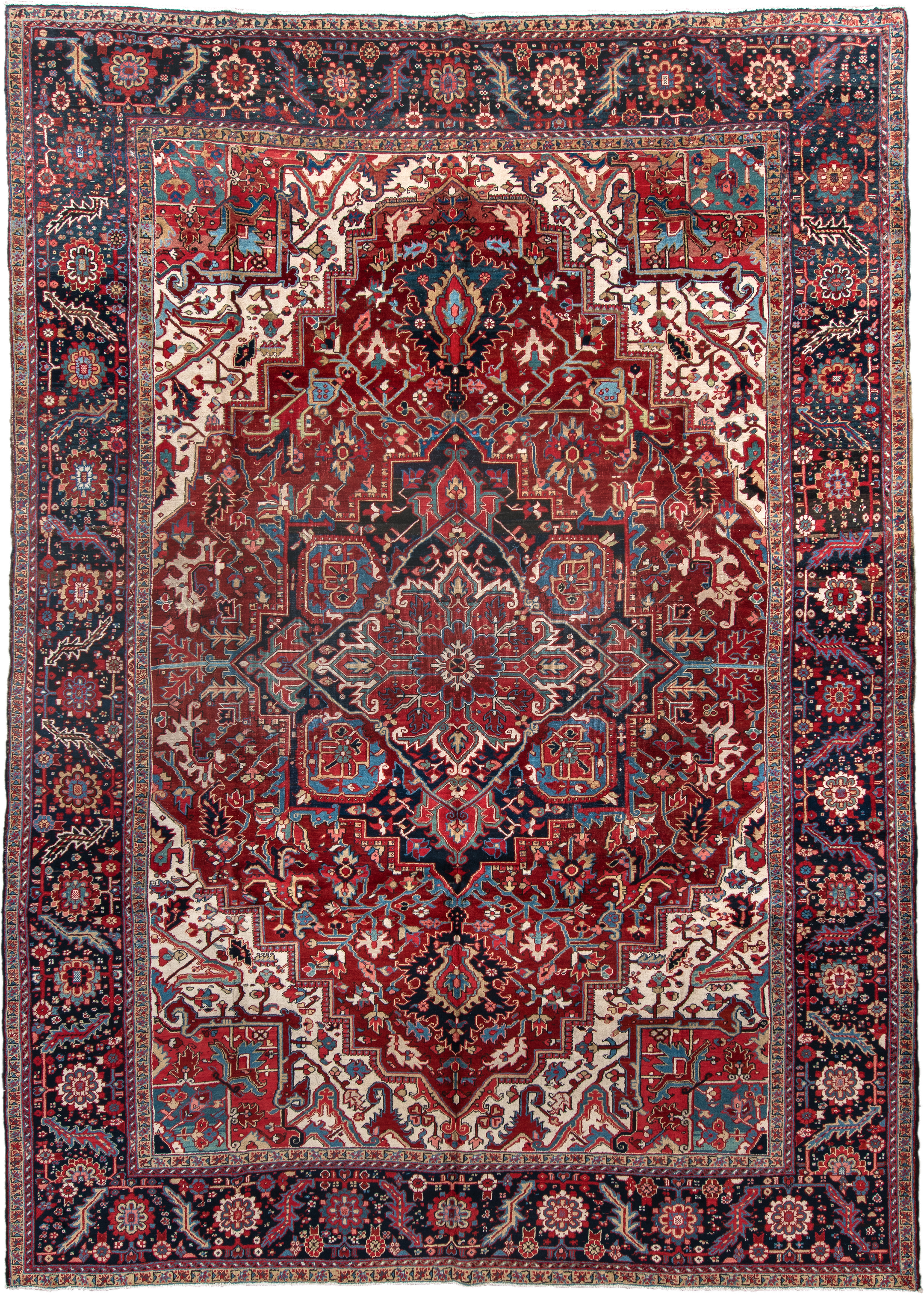 9' x 13' one-of-a-kind handmade antique Heriz large size rug. Color palette: rust, navy, ivory, sky_blue, crimson, camel