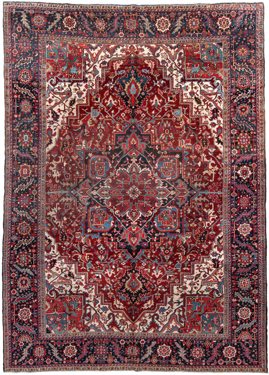 9' x 13' one-of-a-kind handmade antique Heriz large size rug. Color palette: rust, navy, ivory, sky_blue, crimson, camel