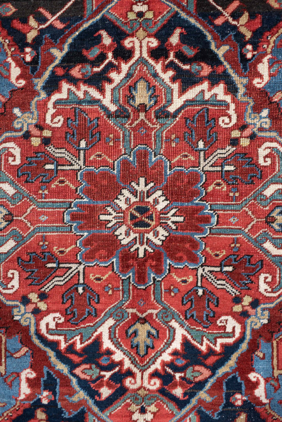 9' x 13' one-of-a-kind handmade antique Heriz large size rug. Color palette: rust, navy, ivory, sky_blue, crimson, camel