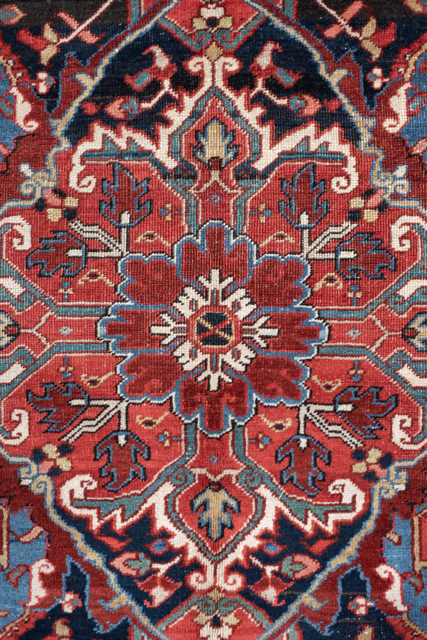 9' x 13' one-of-a-kind handmade antique Heriz large size rug. Color palette: rust, navy, ivory, sky_blue, crimson, camel