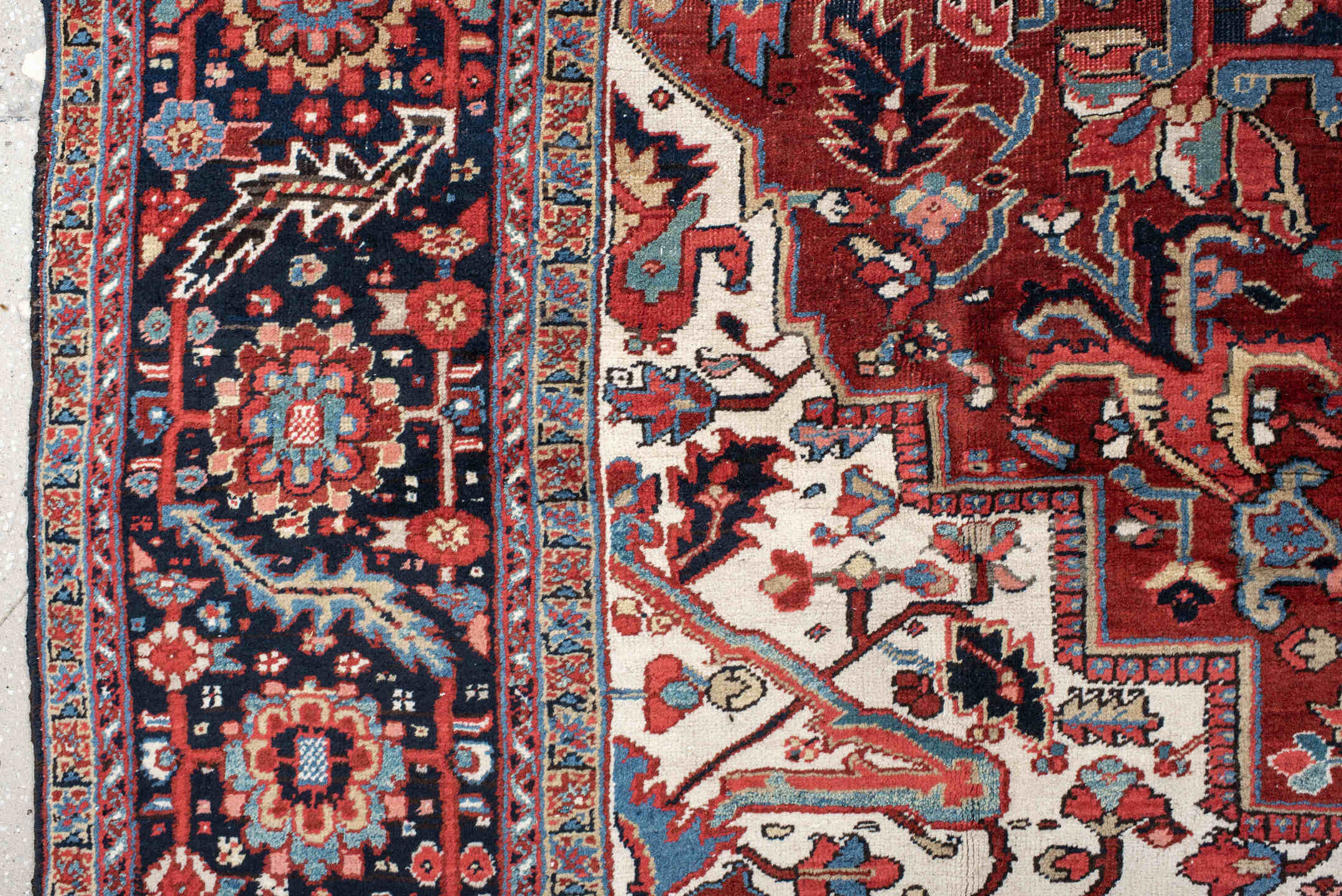 9' x 13' one-of-a-kind handmade antique Heriz large size rug. Color palette: rust, navy, ivory, sky_blue, crimson, camel