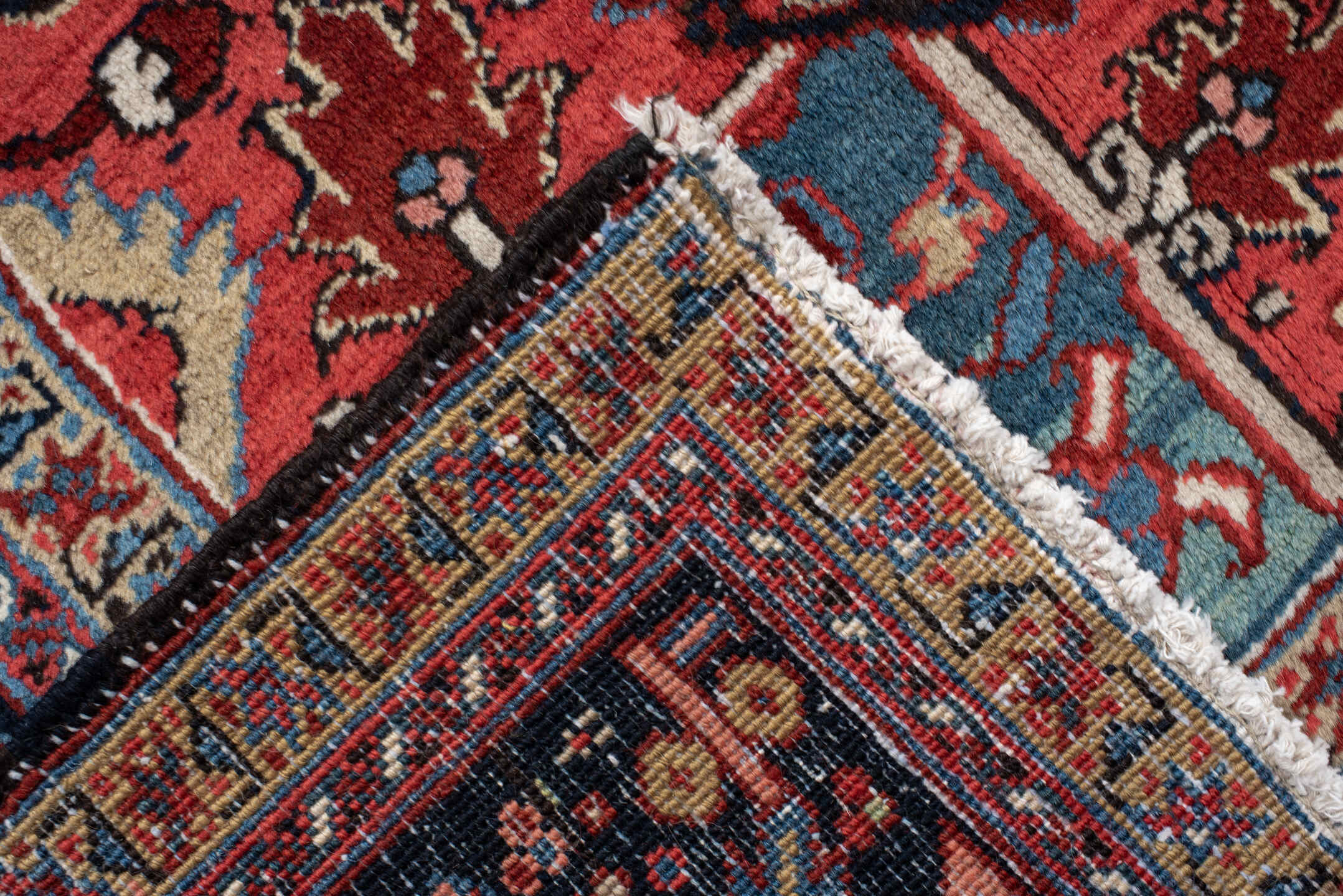 9' x 13' one-of-a-kind handmade antique Heriz large size rug. Color palette: rust, navy, ivory, sky_blue, crimson, camel