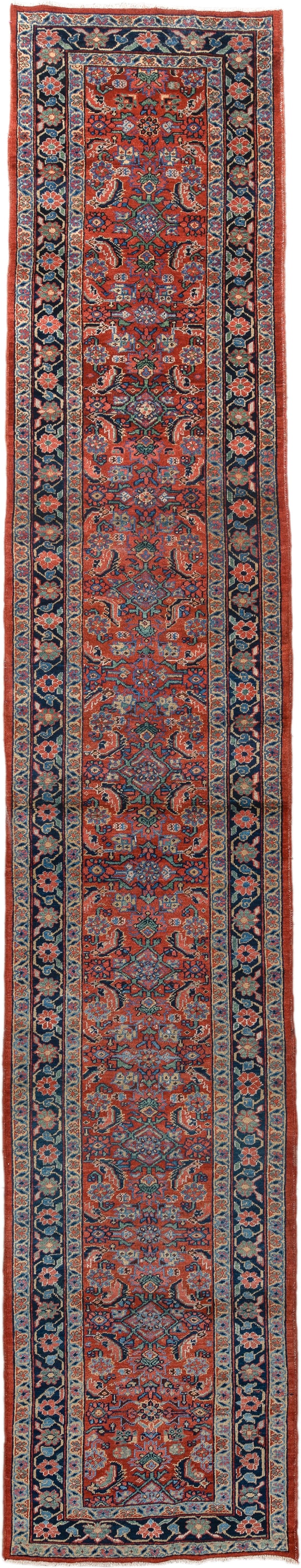 3' x 18' one-of-a-kind handmade vintage Heriz runner rug. Color palette: rust, navy, ivory, sky_blue, coral, camel